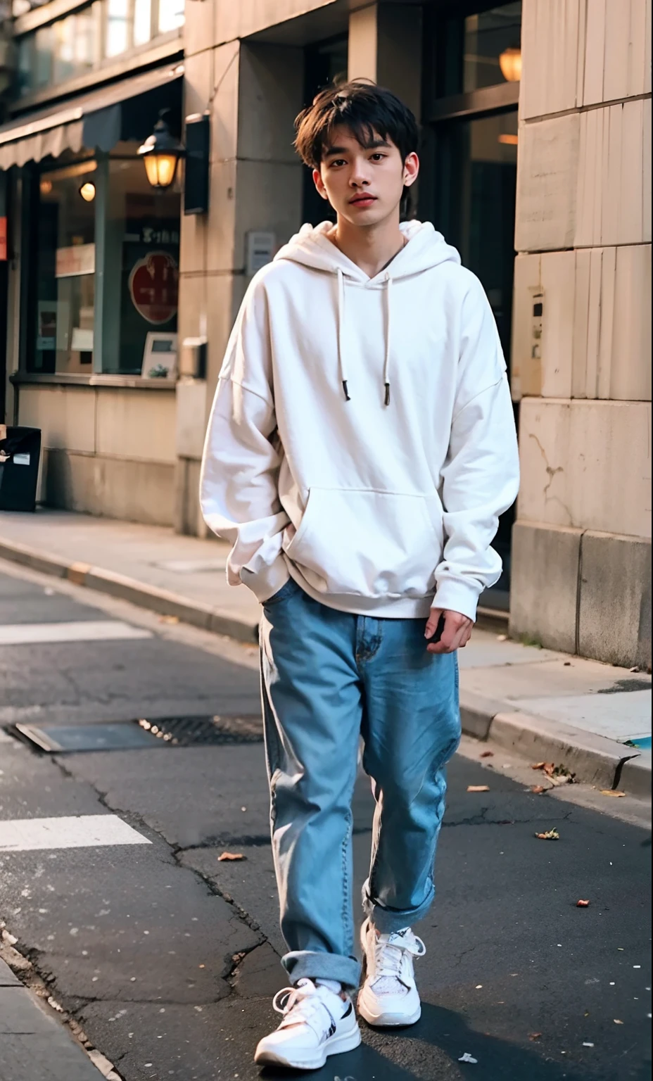 Man in white sweatshirt,FULL BODYSHOT、 trending on r/Street attire, Narrative, Hoodie, In a white sweater, 2 0 2 0 fashion, casual clothing style, posh, Wearing a white hoodie, Fear of God's Style, white, Wearing a sweatshirt,