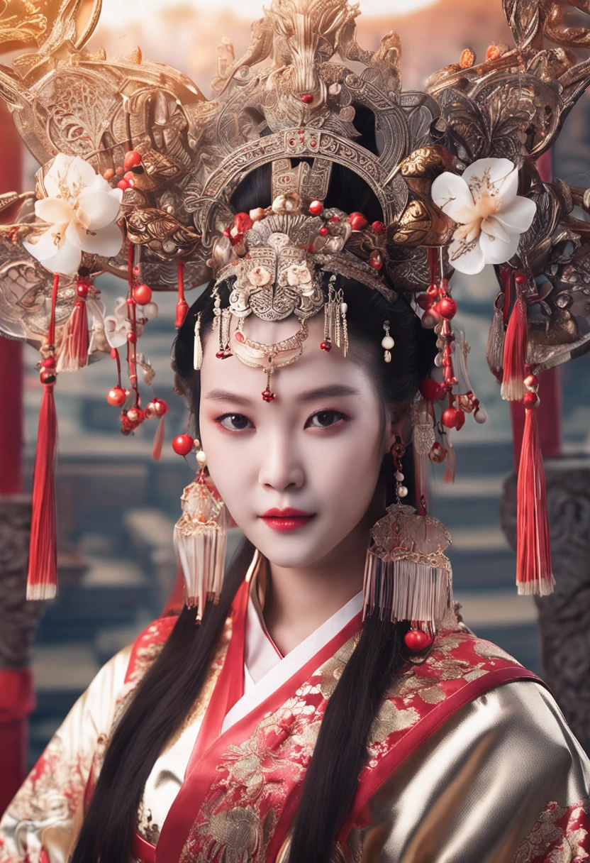 Ancient beauty，long whitr hair，Raised sexy，wearing a hanfu，Take a fan，ssmile，gentleness，Cleavage is seductive，adolable，Portrait wallpaper，filigree，The action is enchanting