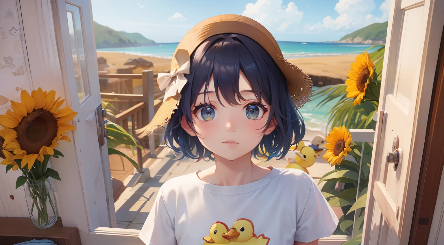 conservativelydressed,The cute T-shirt is printed with a small yellow duck pattern