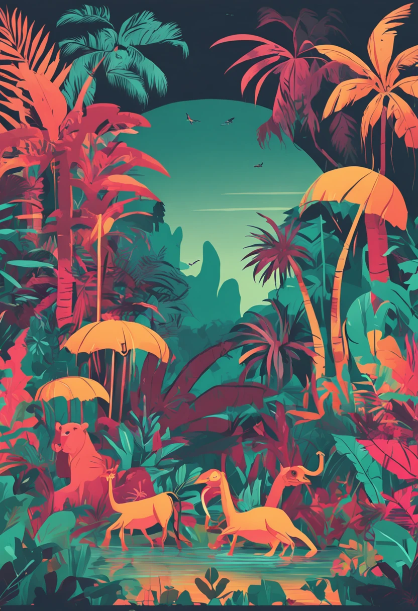 a colorful vintage jungle with animals