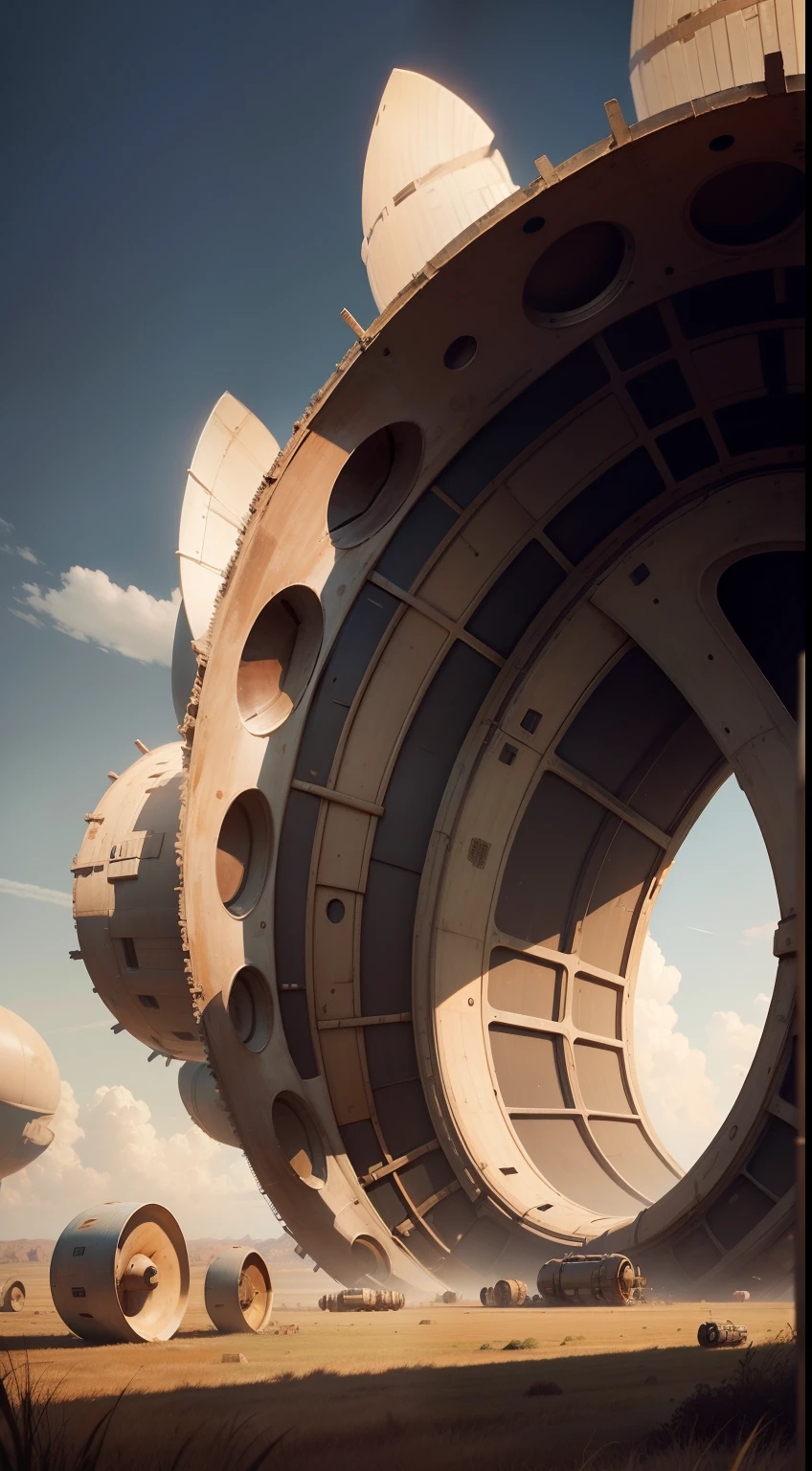 3 huge ear-shaped listening machines in an open field，Curved dense tubes connect space bases in the sky，The old rusty shell is broken，Cinematic texture，Ultra-realistic and detailed