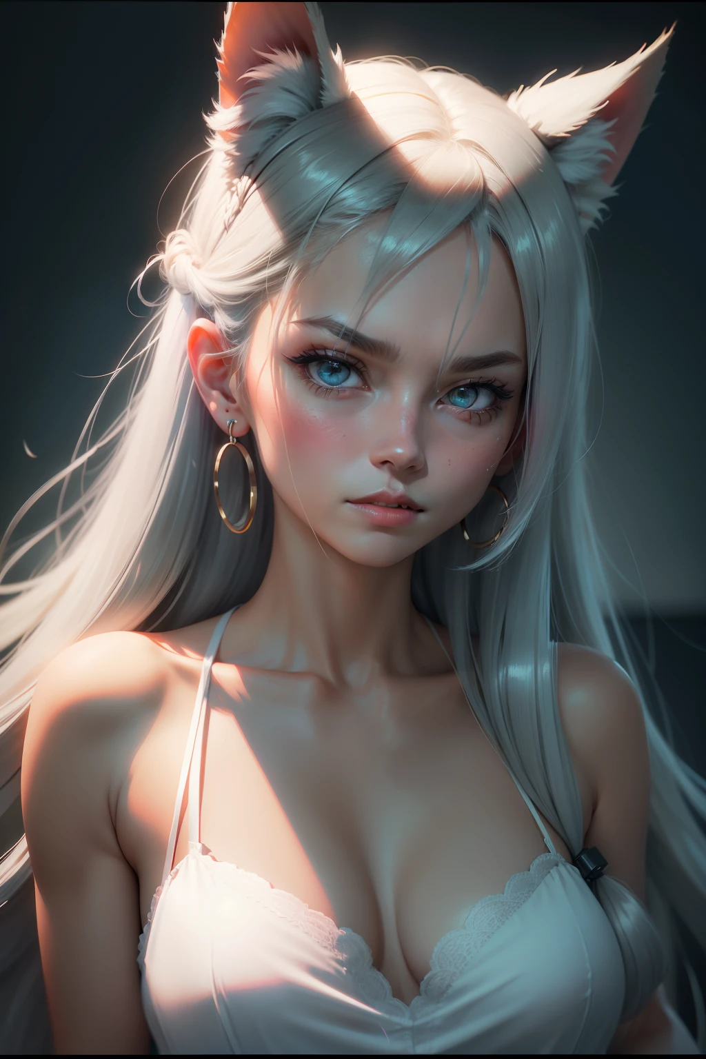 hair bobbles, wince, longeyelashes, solid circle eyes, fake animal ears, ear blush, fang, grey hair, long hair, shiny hair, hair slicked back, over-rim eyewear, empty eyes, hollow eyes, glaring, heart earrings, closed mouth, Surrealism, anaglyph, stereogram, tachi-e, pov, atmospheric perspective, Minimalism, ray tracing, reflection light, god rays, motion blur, cinematic lighting, zoom layer, dutch angle, hatching (texture), first-person view, lens flare, bokeh, foreshortening, macro photo, Sony FE GM, Fujifilm, rococo style, Contemporary art, god rays, sparkle, depth of field, chiaroscuro, anaglyph, silhouette, scanlines, vignetting, 8k, super detail, ccurate, textured skin, high details, highres, best quality, award winning