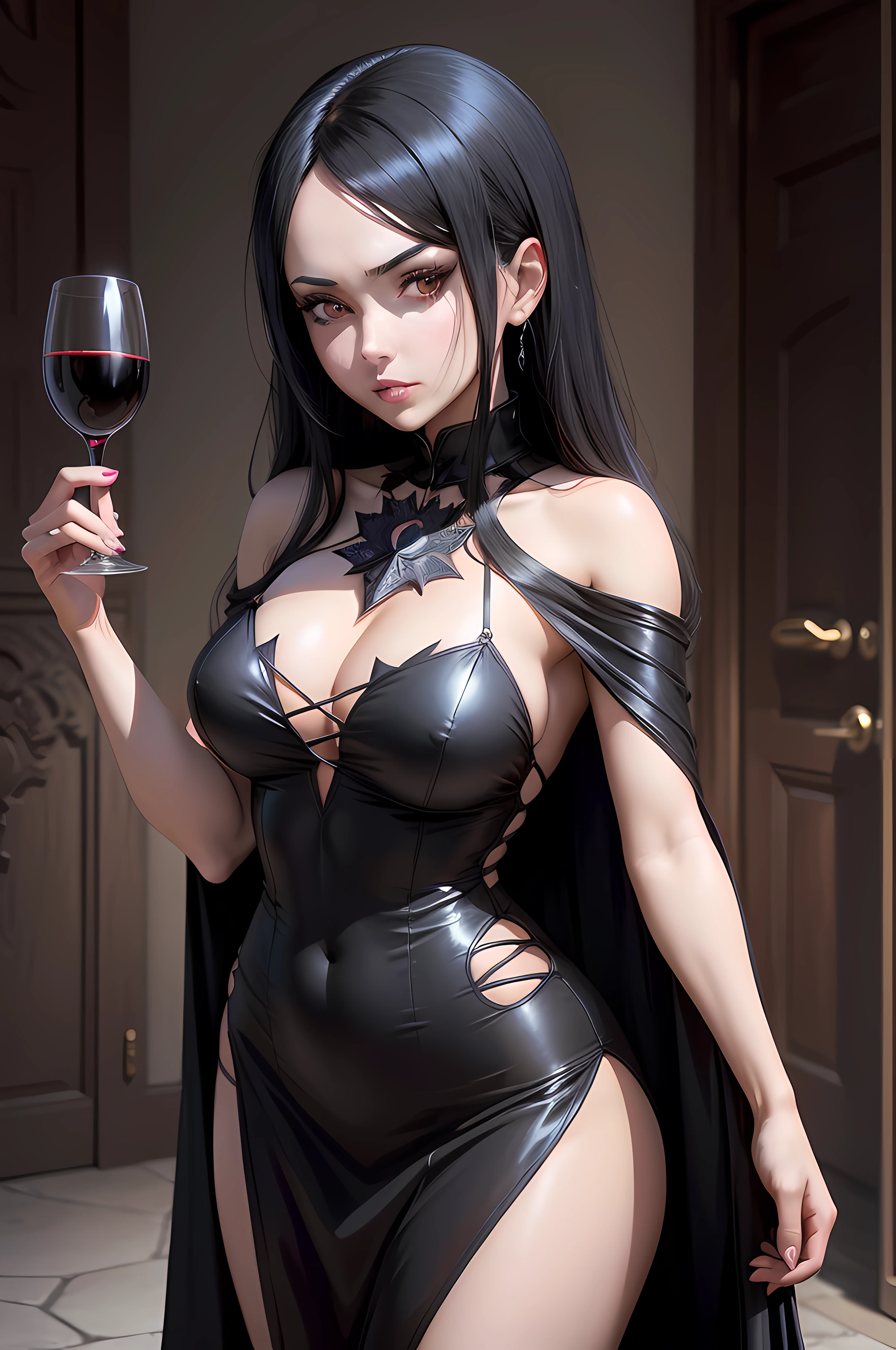 a woman in a black dress holding a wine glass, black - haired mage, albedo from the anime overlord, nico robin, albedo from overlord, raven black hair, beautiful alluring anime woman, seductive anime girl, anime girl wearing a black dress, morrigan, shalltear from overlord, gothic maiden anime girl