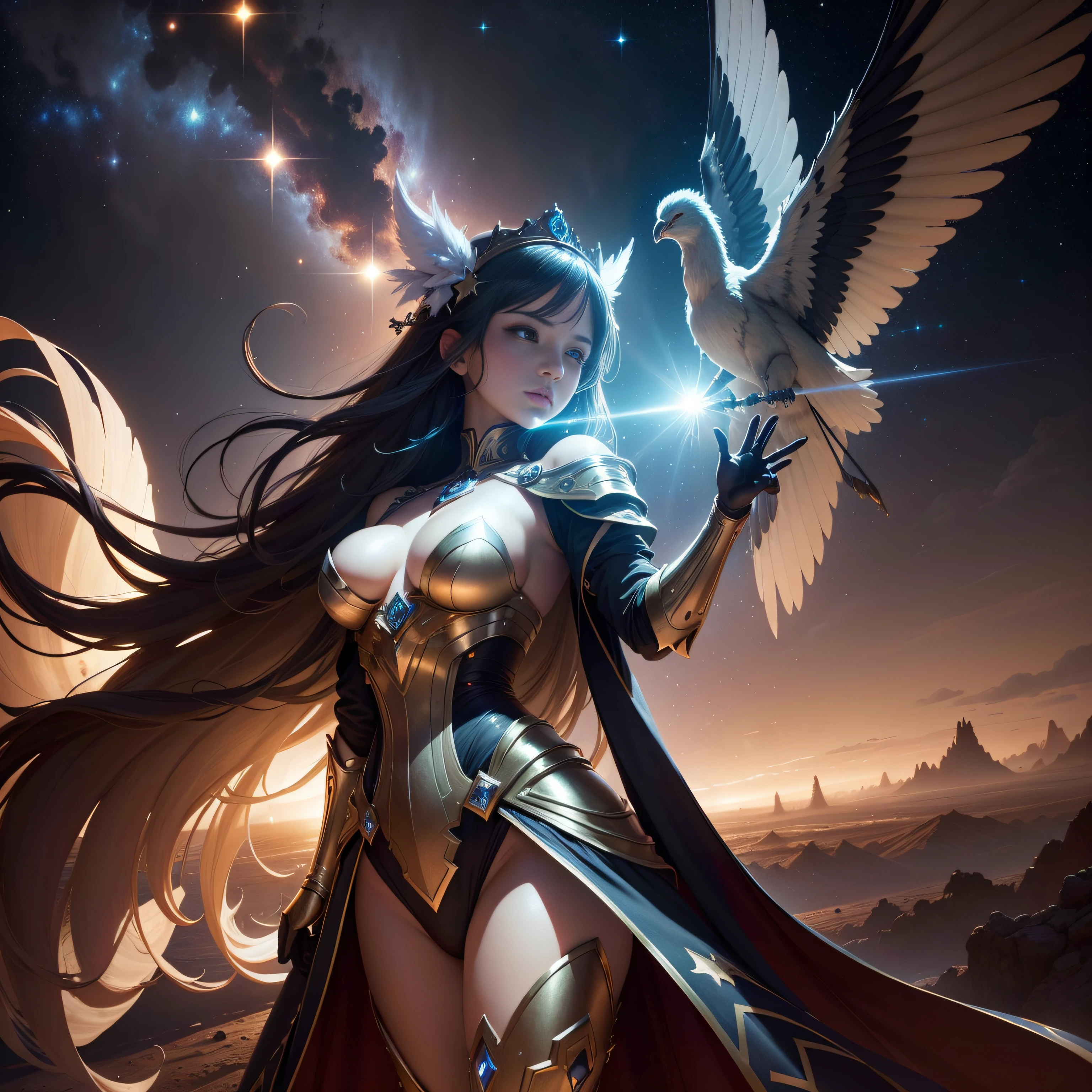 (((hyper detail))),(Extreme detail CG Unity 8K wallpaper, masterpiece, highest quality), (exquisite lighting and shadows, very dramatic images, beautiful girl), (cinematic lens effects), concept art, starry sky, ruin, sandstorm, haze, stars, magic world, magical country looking far away, Alphonse Mucha, decadence, ruin, space, full body, feathers, royal costume, ( Dynamic Pose), the background is space (good detail, good lighting, wide angle), good rendering, decadent, grain film, detailed gradient