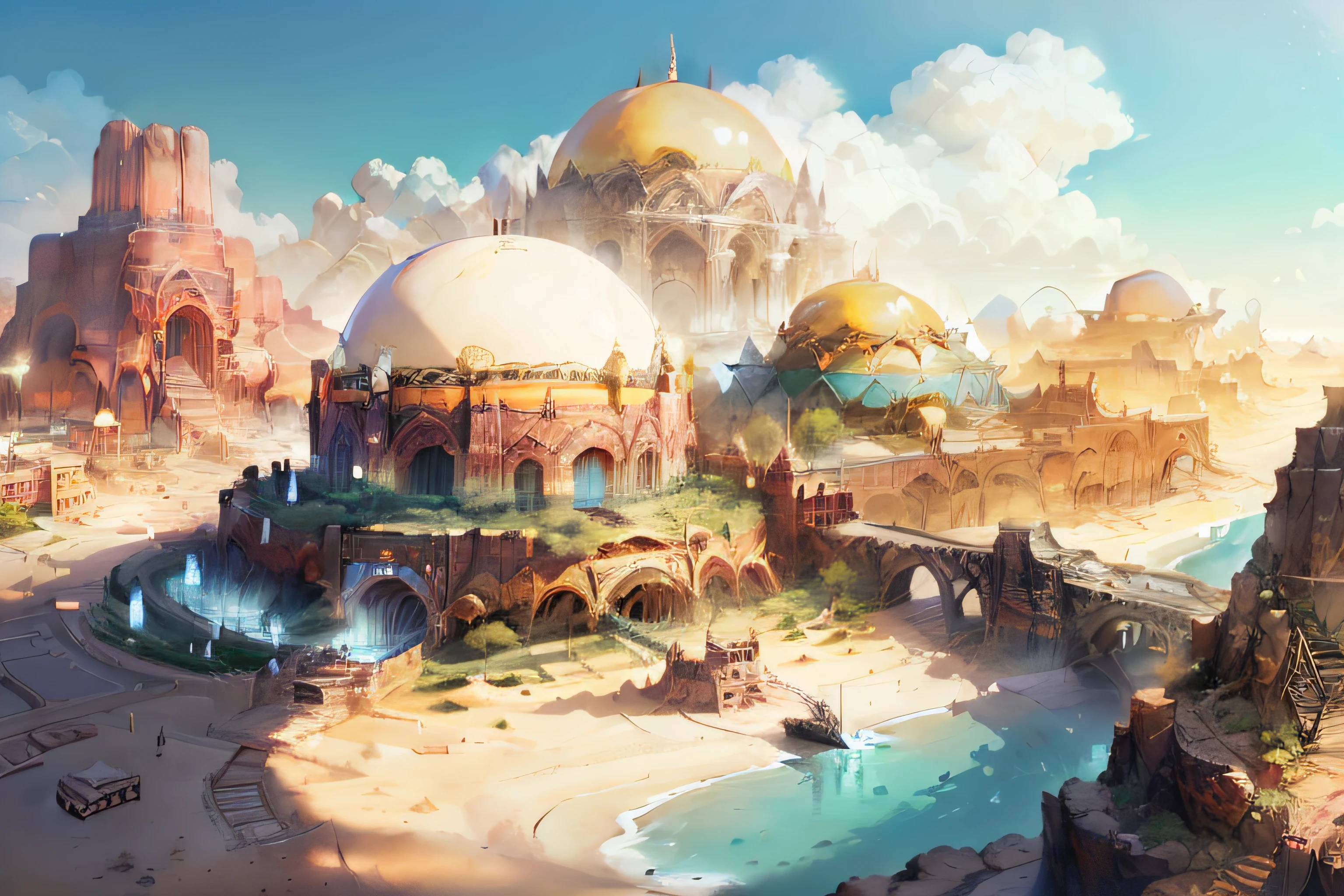 A town in the desert, by the sea, domes, heavy and humid weather