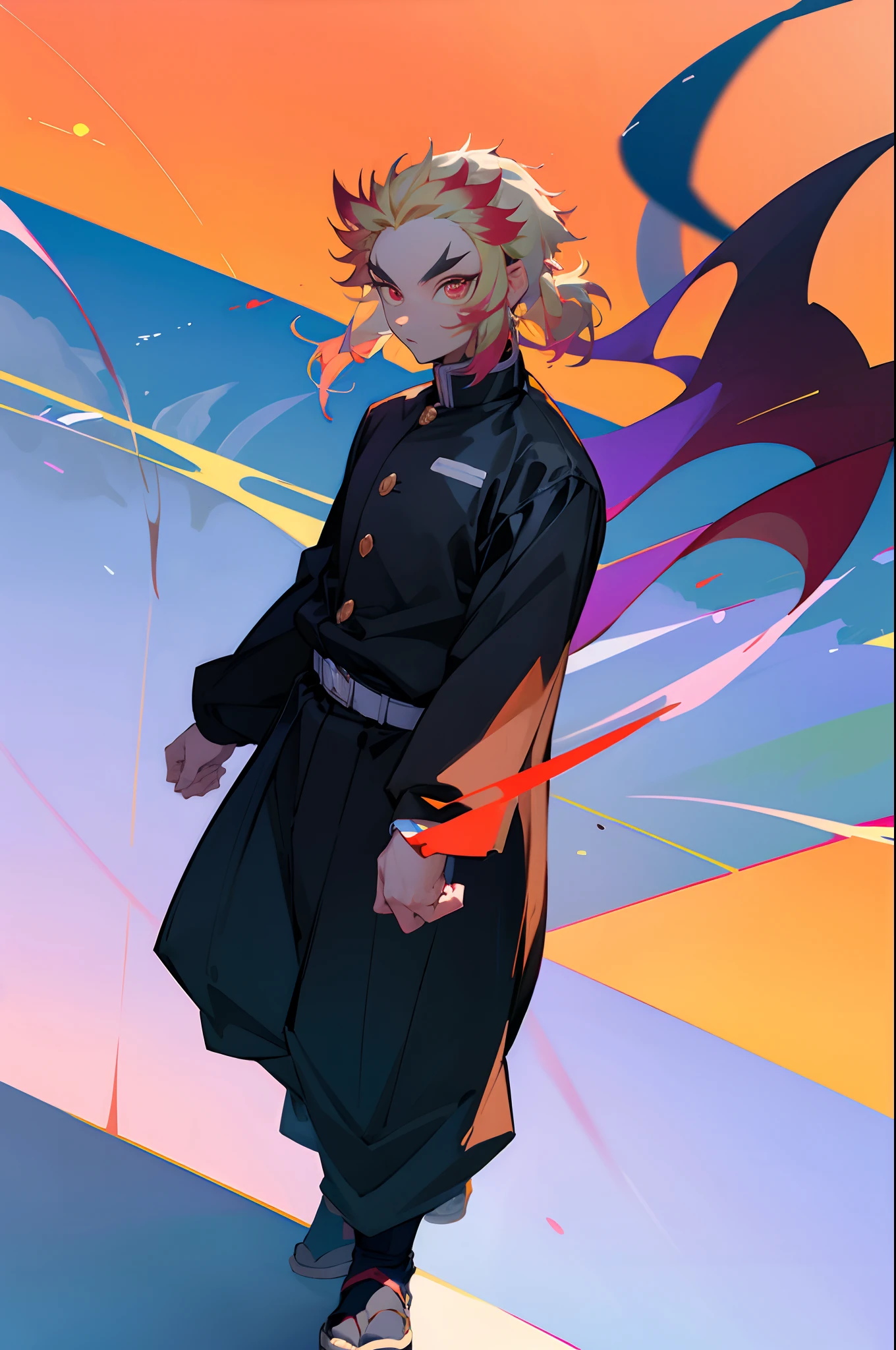 1 boy, wearing a black jacket, city background, wearing baggy clothes, walking on street, blue sky, high reaolution, ultra sharp, 8k, masterpeice, Demon Slayer, looking at viewer, anime boy, hyper detailed, bright and saturated colors