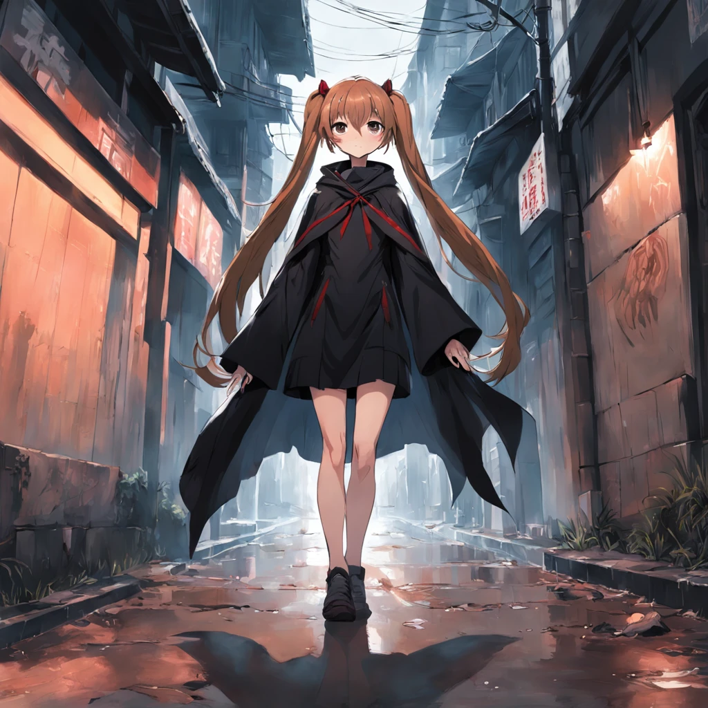 tan hair、Double ponytailed girl in black cape,Standing on a bloody street,Shady style,城市,terroral,cold shades,Perspective painting,Big perspective,Dark and terrifying,Black and white anime art style,A high resolution,high qulity,wide wide shot,Look up at the perspective