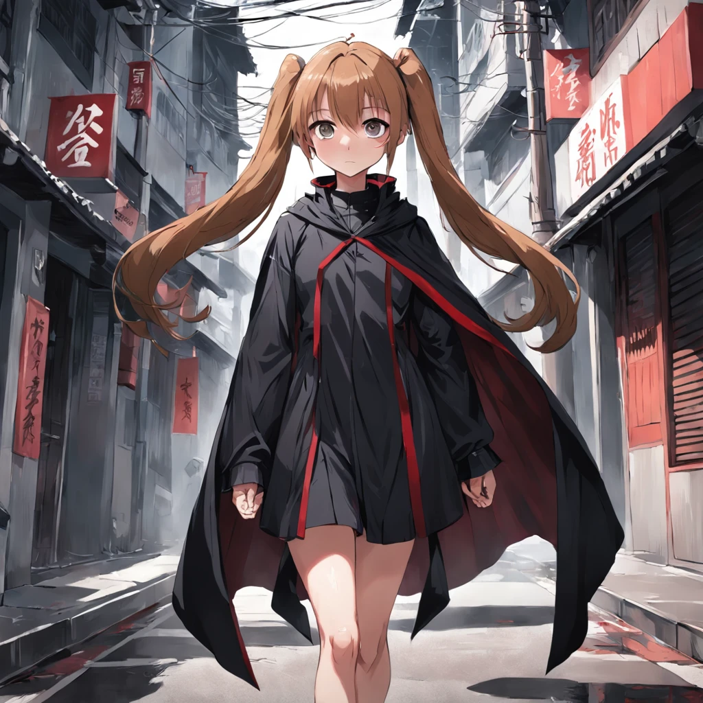 tan hair、Double ponytailed girl in black cape，Standing on a bloody street，Shady style，城市，terroral，cold shades，Perspective painting，Big perspective，Dark and terrifying，Black and white anime art style，A high resolution，high qulity，wide wide shot，Look up at the perspective