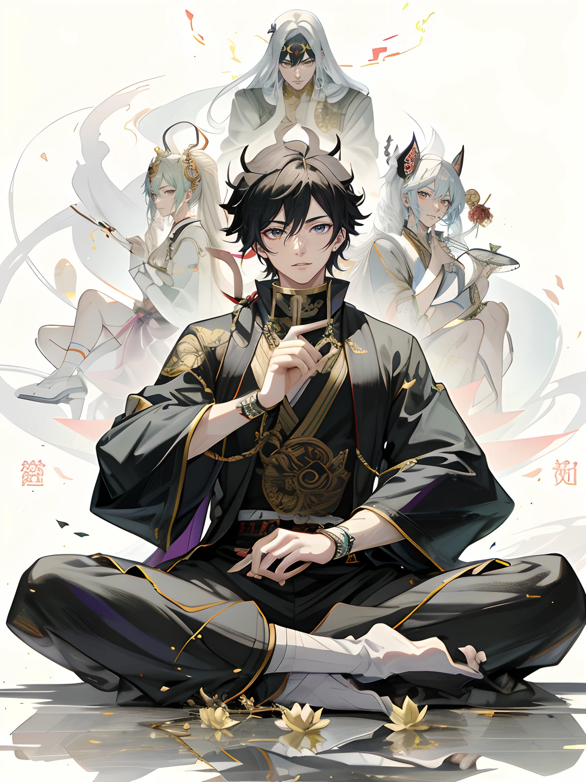 Anime characters sit in the lotus position,cigarette in his hand, handsome guy in demon killer art, inspirado em Okumura Masanobu, by Yang J, beautiful male god of death, demon slayer rui fanart, sengoku - era art style, handsome japanese demon boy, Kimetsu no yaiba, High-quality fanart, anime wallaper