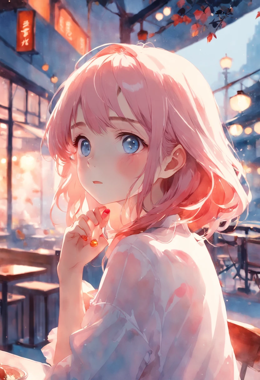 top-quality、​masterpiece、Soft Focus , Bright gradient watercolor , Dreamy , White background、girl、cafes