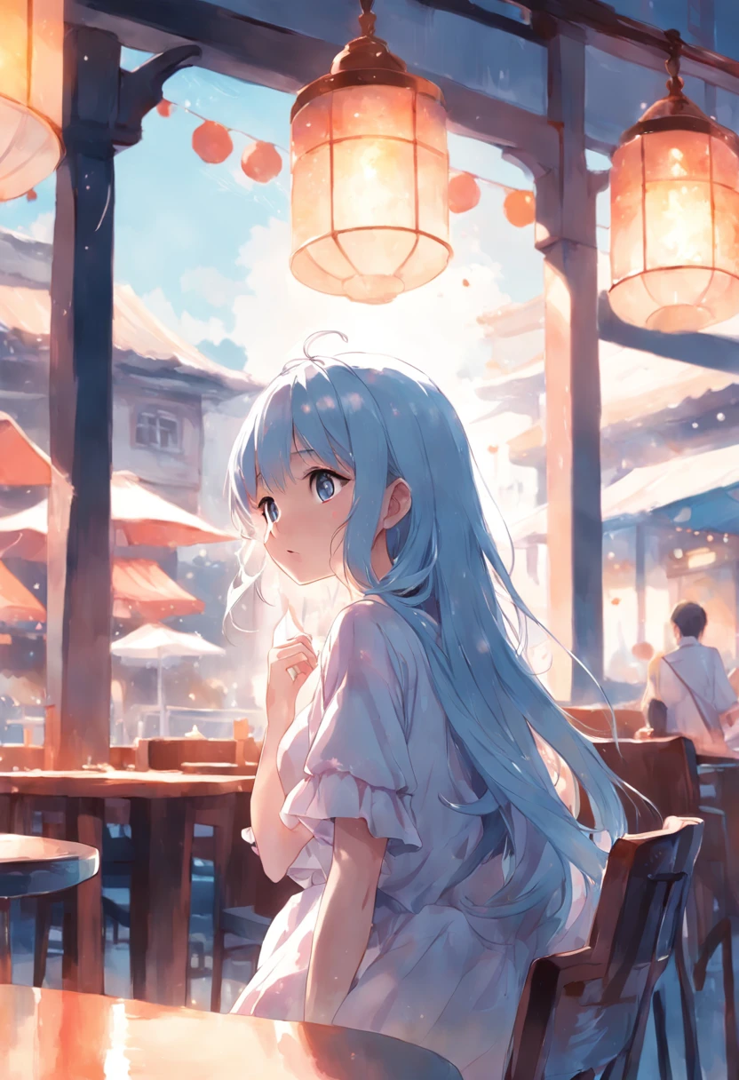 top-quality、masterpiece、Soft Focus , Bright gradient watercolor , Dreamy , White background、girl、cafes