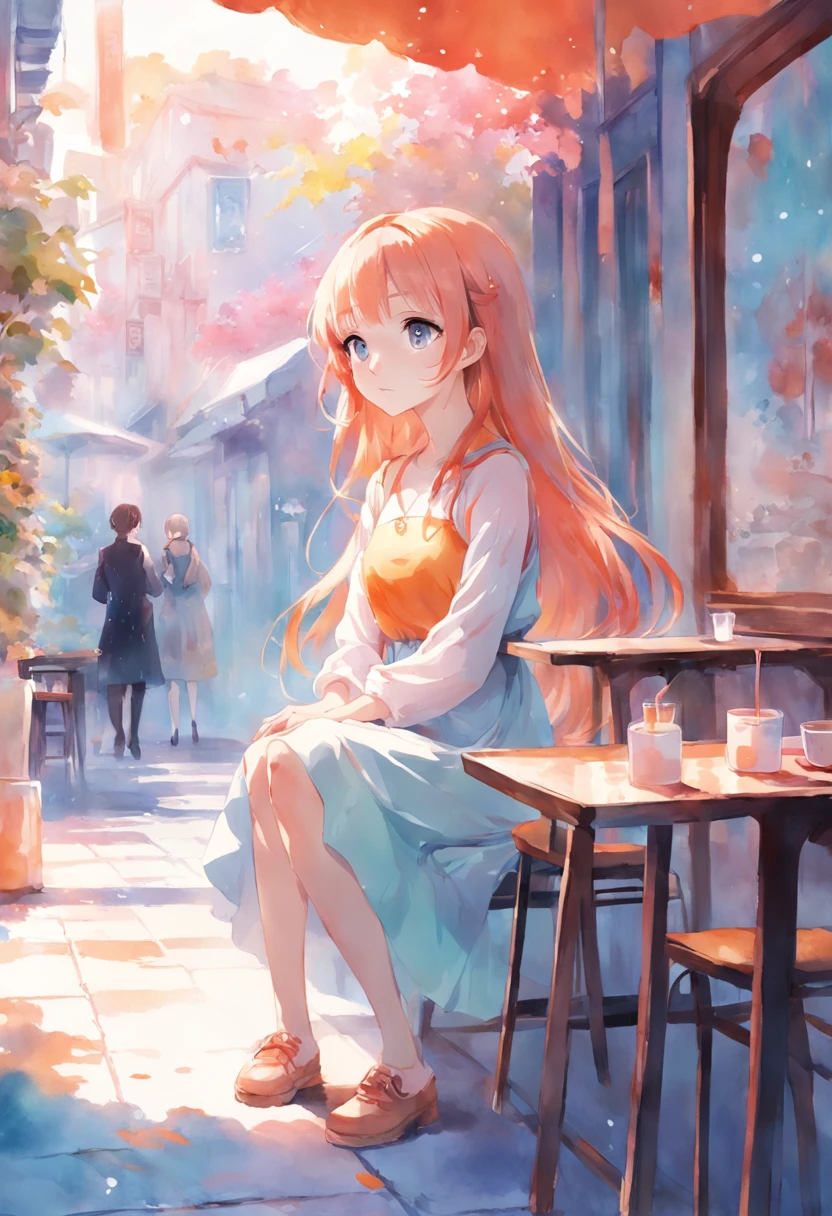 top-quality、masterpiece、Soft Focus , Bright gradient watercolor , Dreamy , White background、girl、cafes