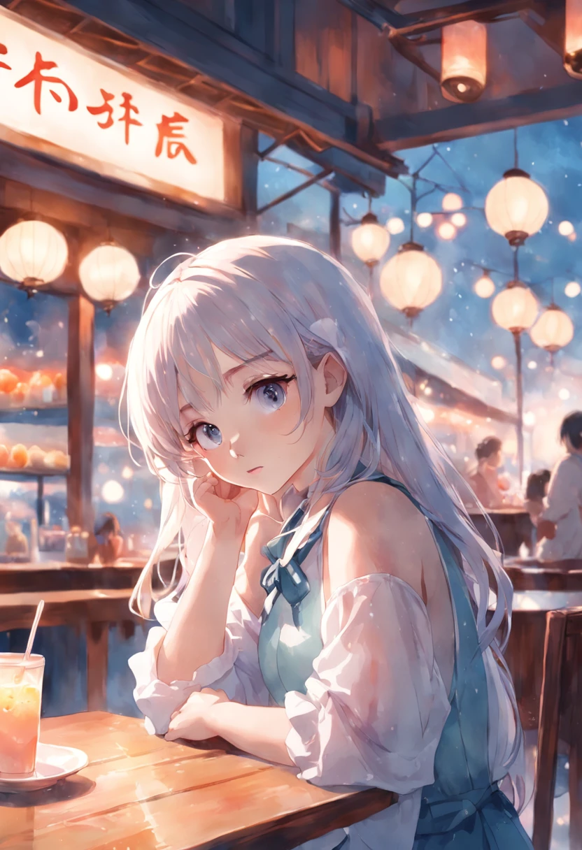 top-quality、masterpiece、Soft Focus , Bright gradient watercolor , Dreamy , White background、girl、cafes