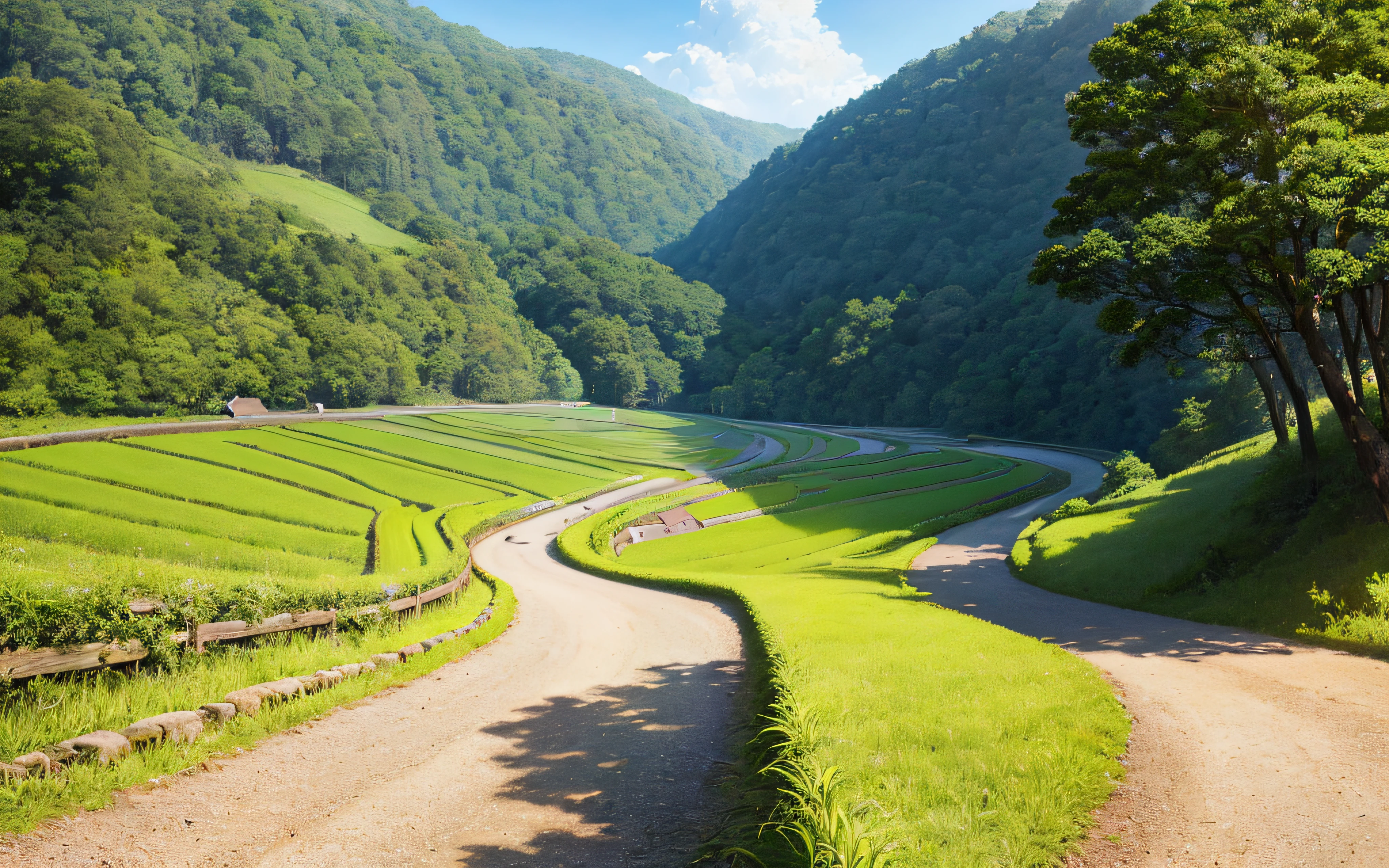 ,Walk the winding roads of the countryside,large clouds、blue-sky、Rice fields,There are neat rice seedlings in the field,ln the forest,hillside,Quiet,rustic,high definition detail、hyper-detailing、cinematic ligh、ultra-realistic realism、Soft light、Deep field focus bokeh、Ray tracing and surrealism。 --v6