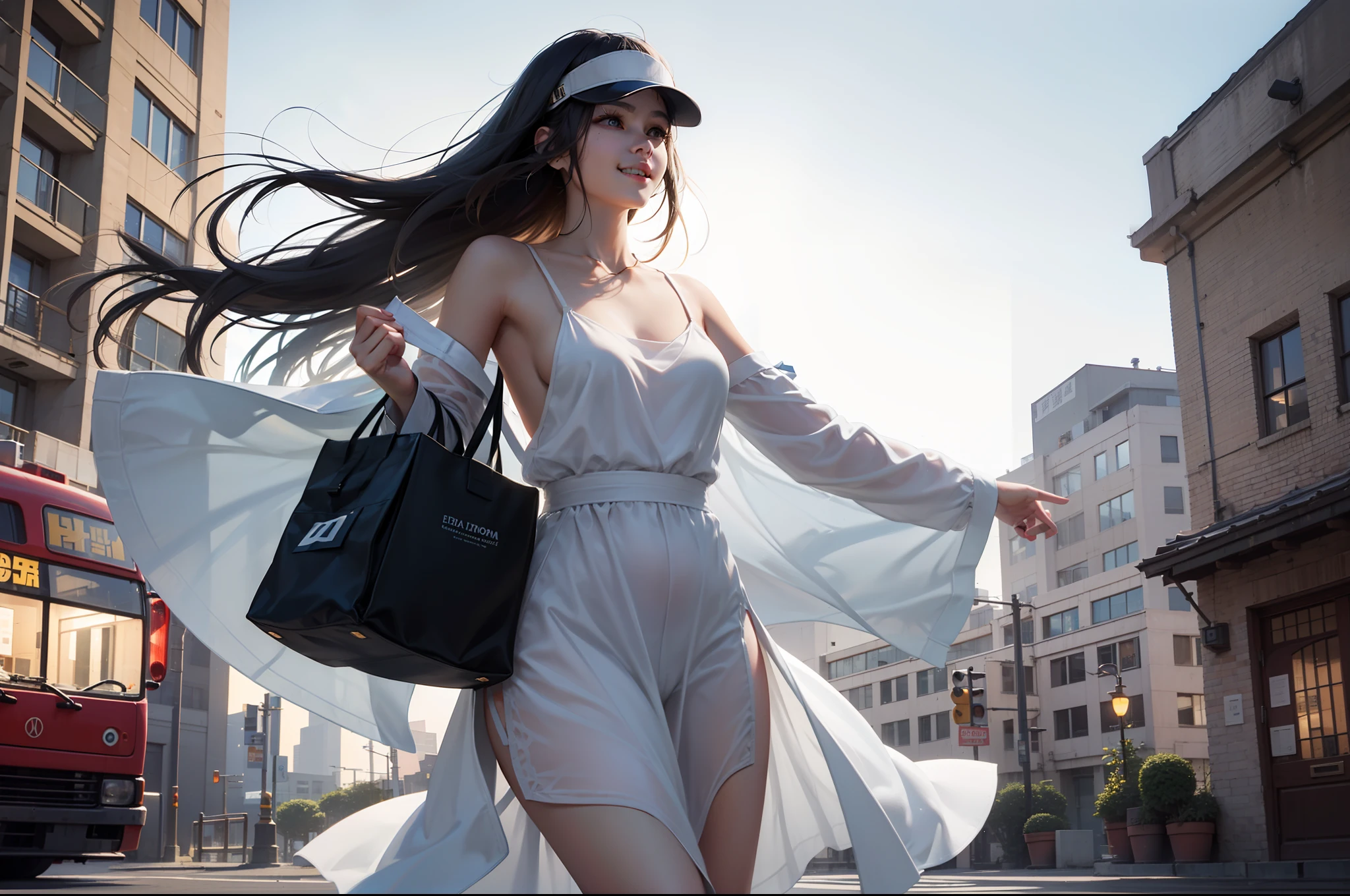 Student apartments,and the sun was shining brightly,one-girl,Carrying a bag,Wearing a white slip dress,With thick woven visor,With a smile。