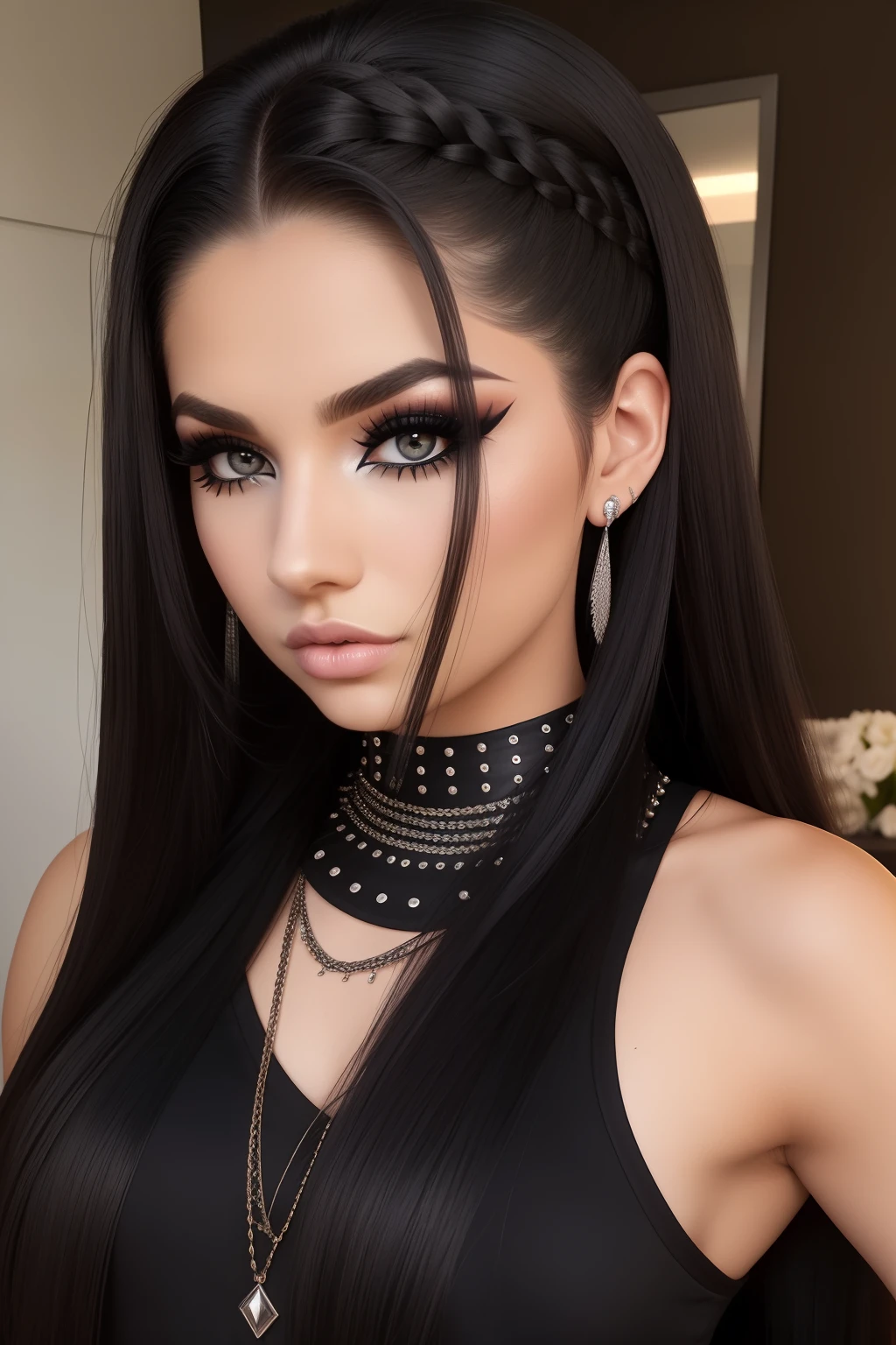 arafed woman with long hair and a black top with studded shoulders, sexy face with full makeup, with professional makeup, kailee mandel, 18 years old, 1 6 years old, professional makeup, inspired by Briana Mora, she is about 1 6 years old, sultry look, flawless face, thick fancy makeup, with a dramatic looking