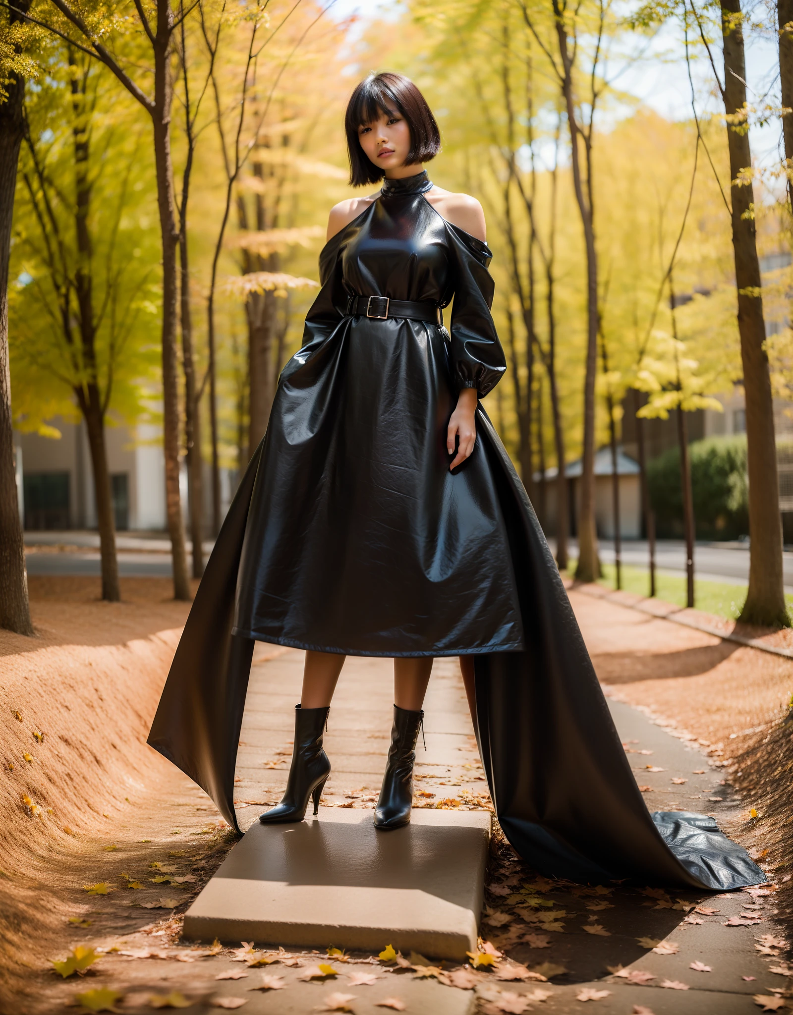 Gorgeous girl top model, Professional photo, polyethylene, steel, plastic, grunge, real-photo, Futurism, autumn, A whirlwind of autumn foliage