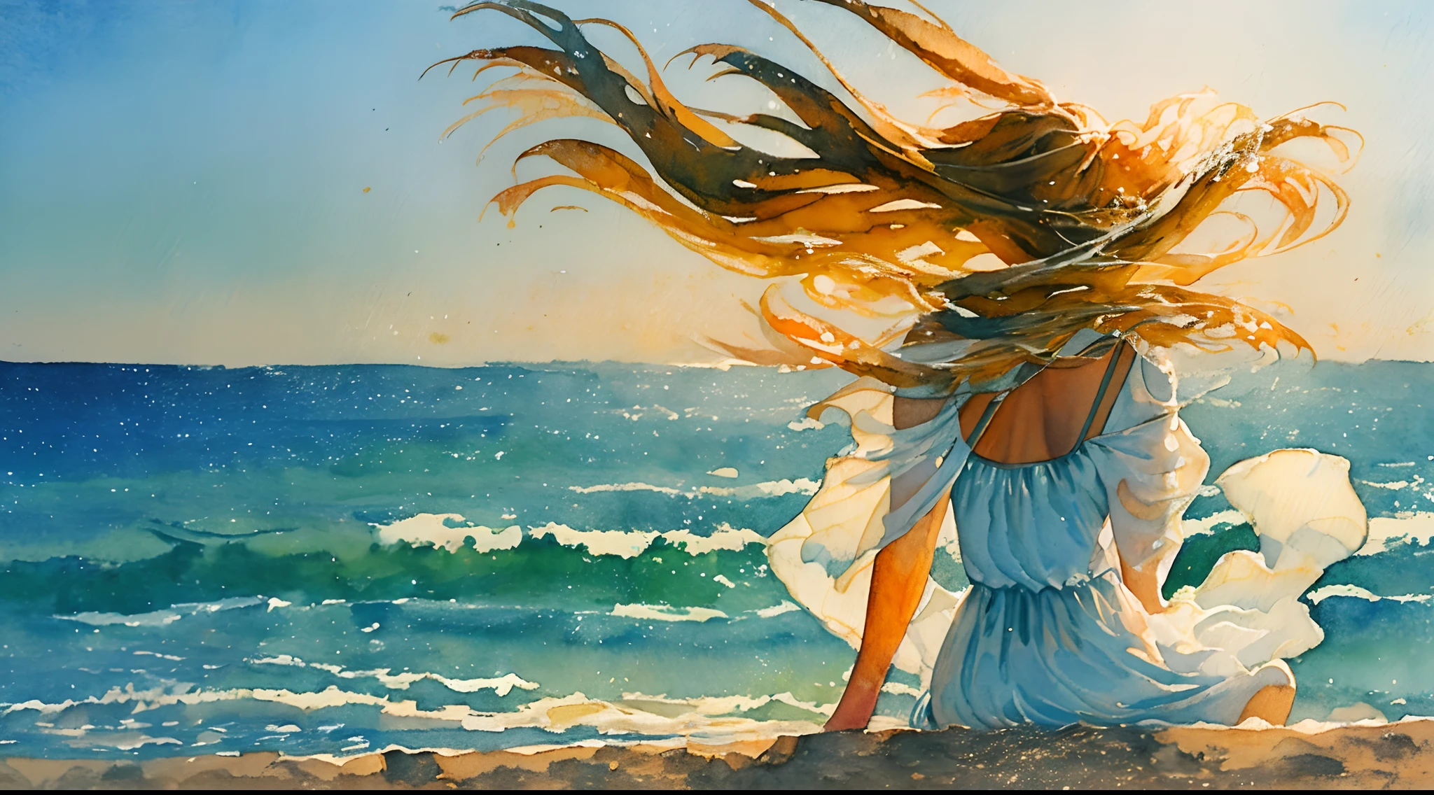 masterpiece, minimalistic graphic art, ((watercolors)),((brushstrokes)), aquarel painting of the most beautiful woman sitting on the beach watching the sea, white ((transparant see-through dress)) flowing in the wind, long blond hair flowing in the wind, white background, backlight, volumetric lighting