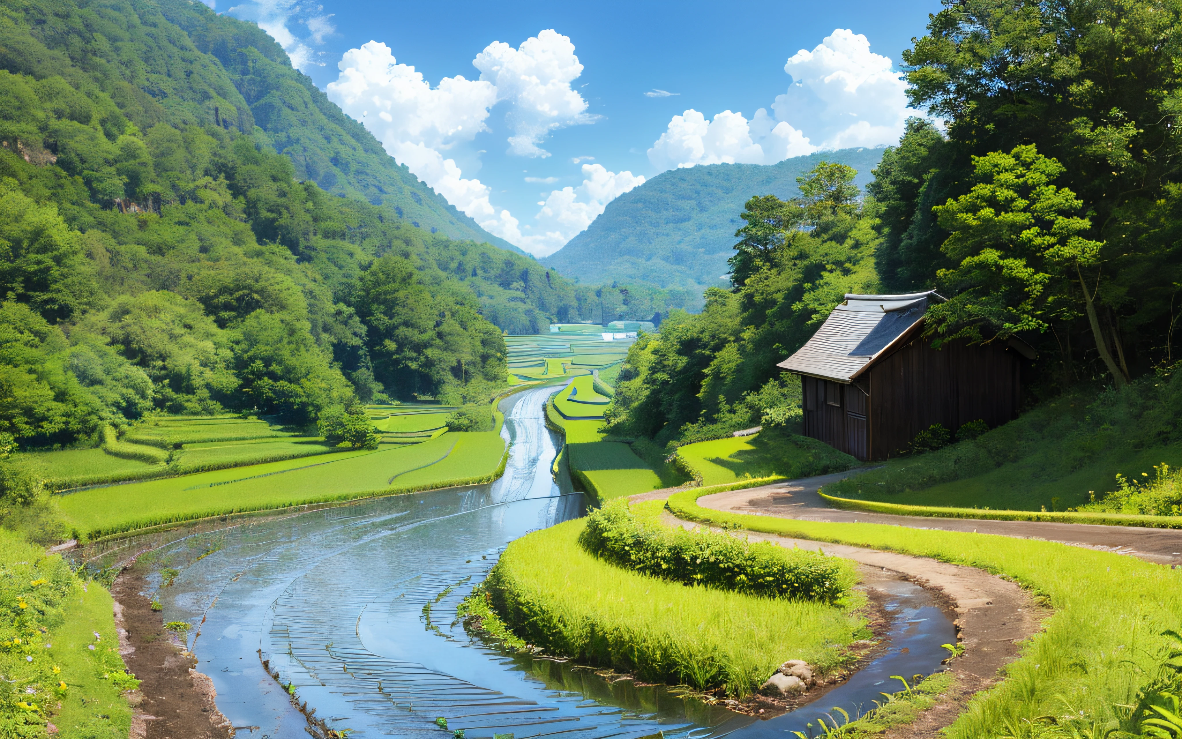 ,Walk the winding roads of the countryside,large clouds、blue-sky、Rice fields,There are neat rice seedlings in the field,ln the forest,hillside,Quiet,rustic,high definition detail、hyper-detailing、cinematic ligh、ultra-realistic realism、Soft light、Deep field focus bokeh、Ray tracing and surrealism。 --v6