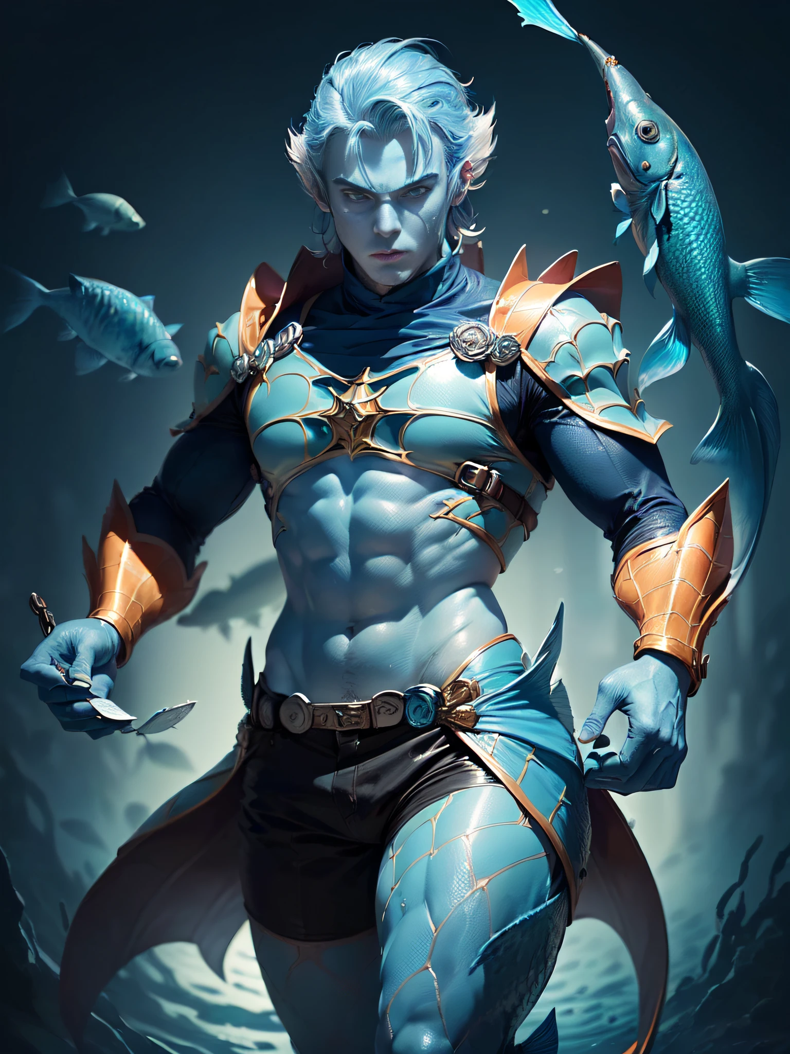 (superfine illustration, Best Quality, Ultra-detailed, Correct delineation, medieval fantasy), (fish-man, young duelist, male focus, solo, scale skin, protective blue skin, Perfect fingers, Perfect webbed hands, fish tail legs:1.5), feel uplifted, deep sea as background,