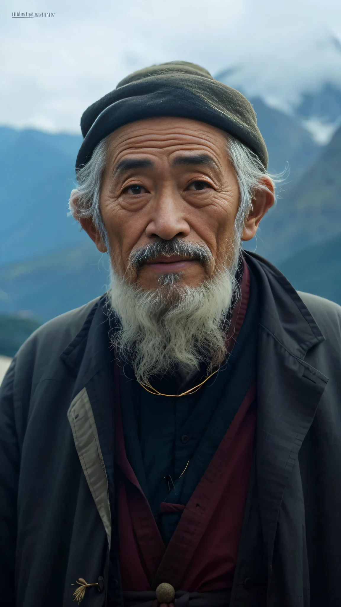 An Alfid man with a beard and hat stands in front of the mountain, An old man, Asian face, omar shanti himalaya tibet, Asian people, Wise old man, Inspired by Hu Zaobin, Highly detailed VFX portrait, 8K highly detailed face, atey ghailan and steve mccurry, inspired by Hu Zao
