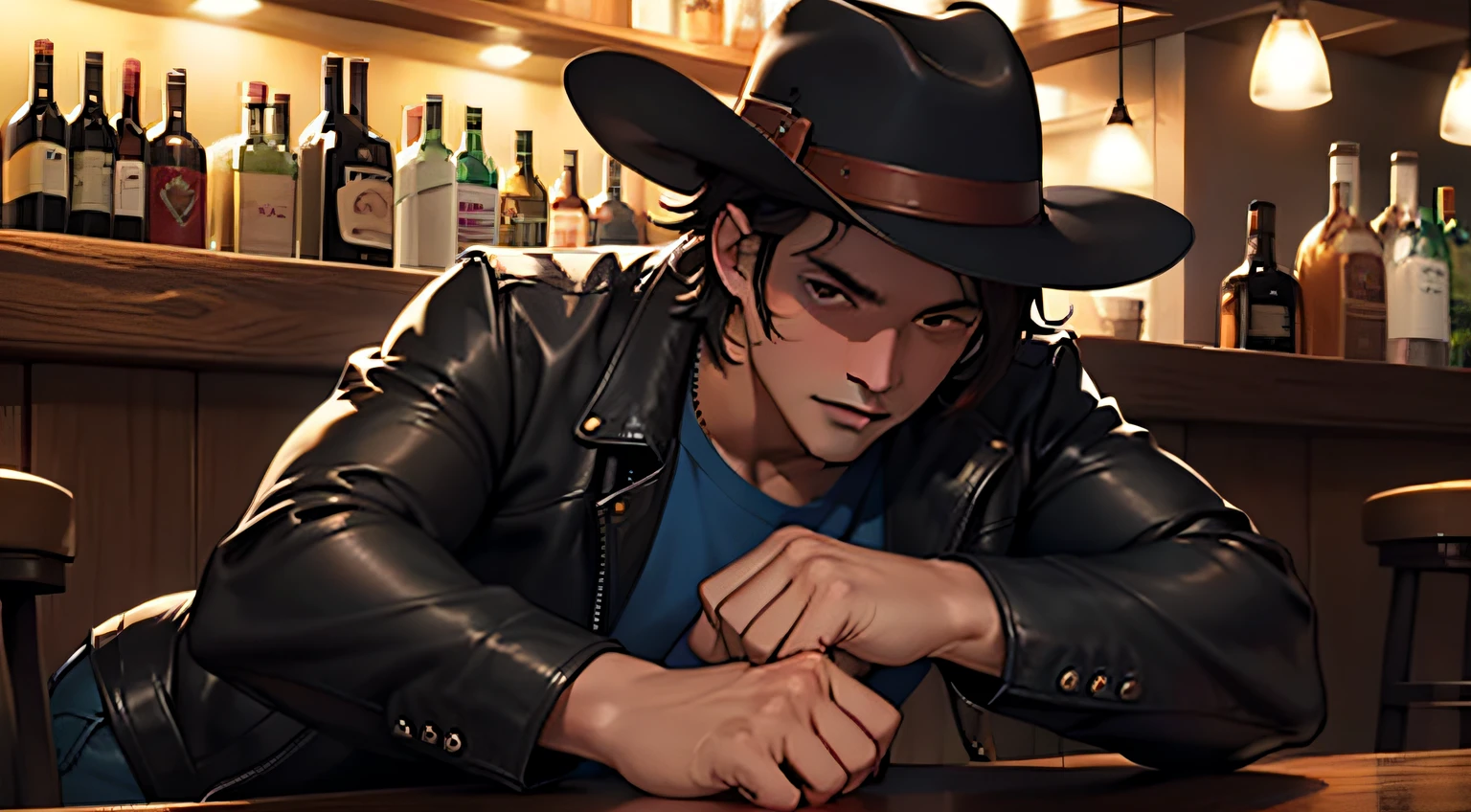 (4K, Best picture quality, A high resolution:1.1), (Masterpiece:1.1)Muscular man,blue-shirt, Brown leather jacket, long black jeans, Cowboy boots, revolver, Cowboy hat, Dark brown hair, short detailed hair, Brown eyes, A youth,Drink in the bar,Be red in the face,There is some drunkenness,Clear close-up of facial expressions