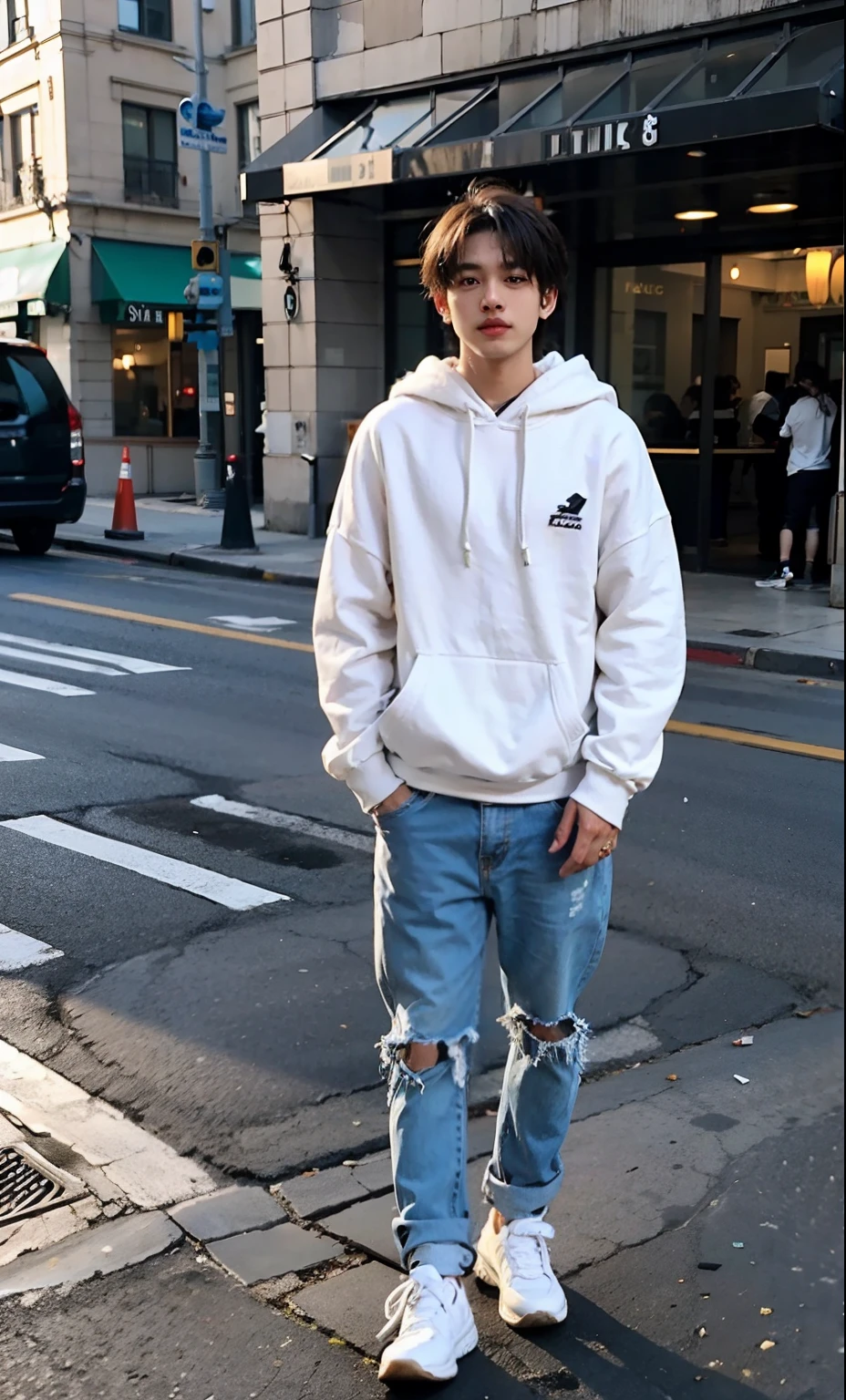 Man in white sweatshirt, FULL BODYSHOT、trending on r/Street attire, Narrative, Hoodie, In a white sweater, 2 0 2 0 fashion, casual clothing style, posh, Wearing a white hoodie, Fear of God's Style, white, Wearing a sweatshirt,