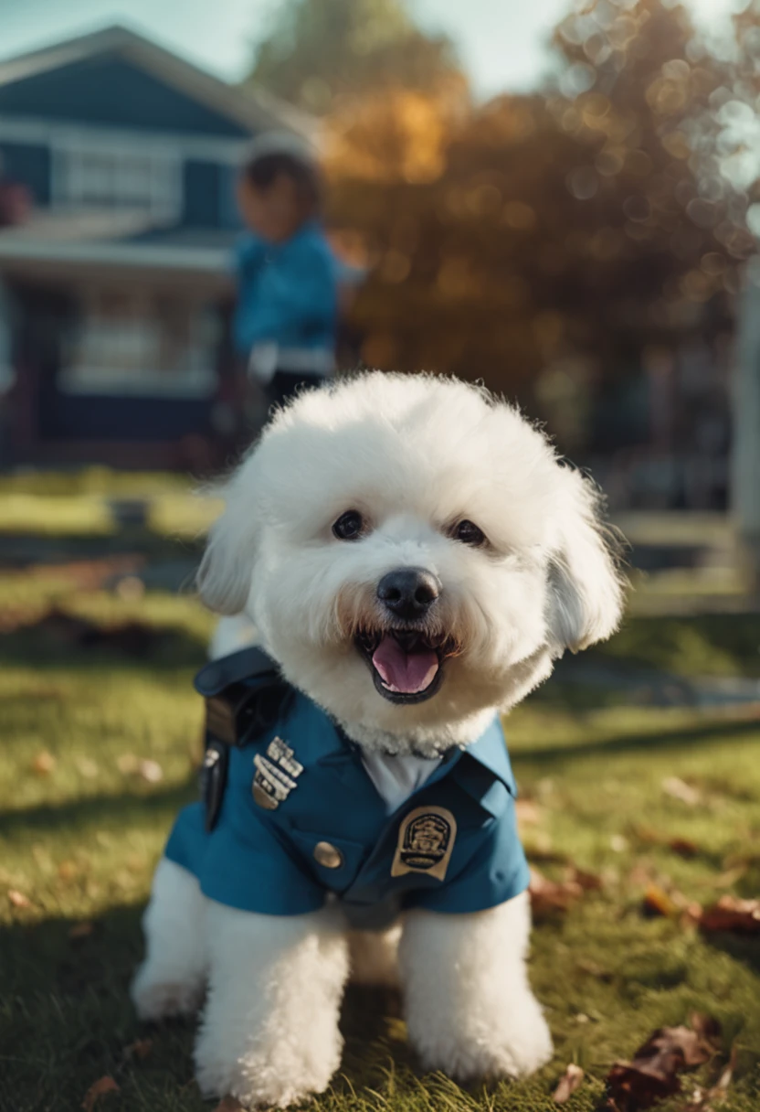 A cute little bichon, White flull, Black colored eyes, Wearing police clothes, Smile at the camera。The background is on the park lawn。, Surrealism, high detail, cinematic lighting, film grain, UHD, anatomically correct, masterpiece, high details, highres, 8k