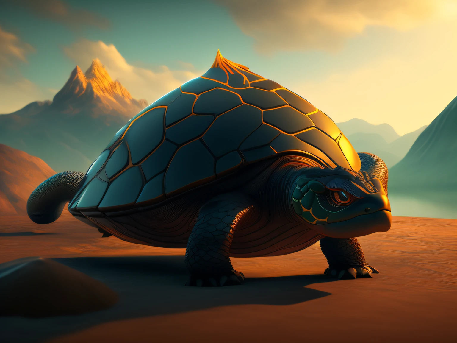 tmasterpiece，CG animation in 8K resolution，absurd res，Inspired by the Classic of Mountains and Seas，Chinese mythology and stories，mythological creatures，Black turtle，Bird's head，Snake's tail
