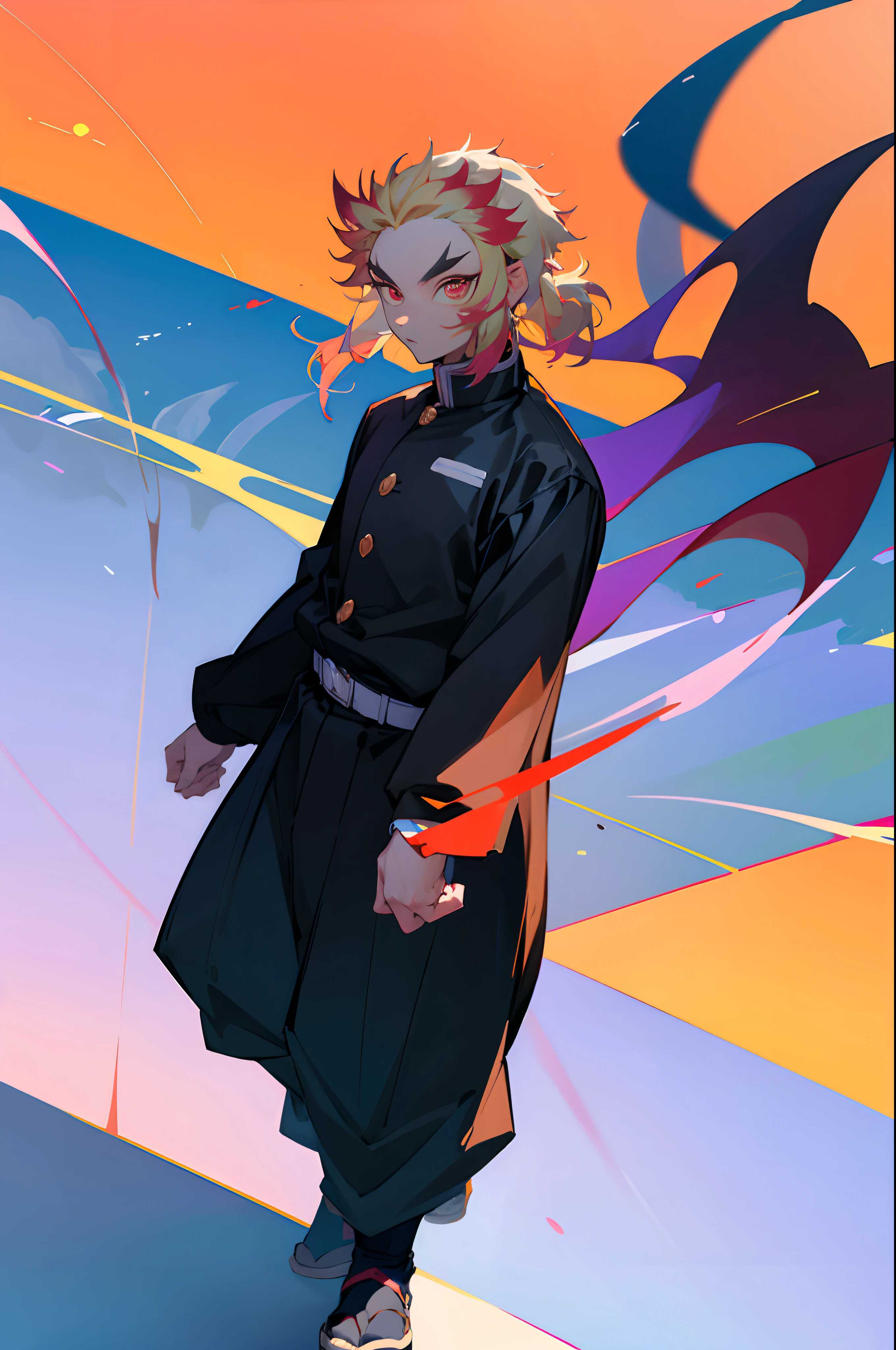 1 boy, wearing a black jacket, city background, wearing baggy clothes, walking on street, blue sky, high reaolution, ultra sharp, 8k, masterpeice, Demon Slayer, looking at viewer, anime boy, hyper detailed, bright and saturated colors