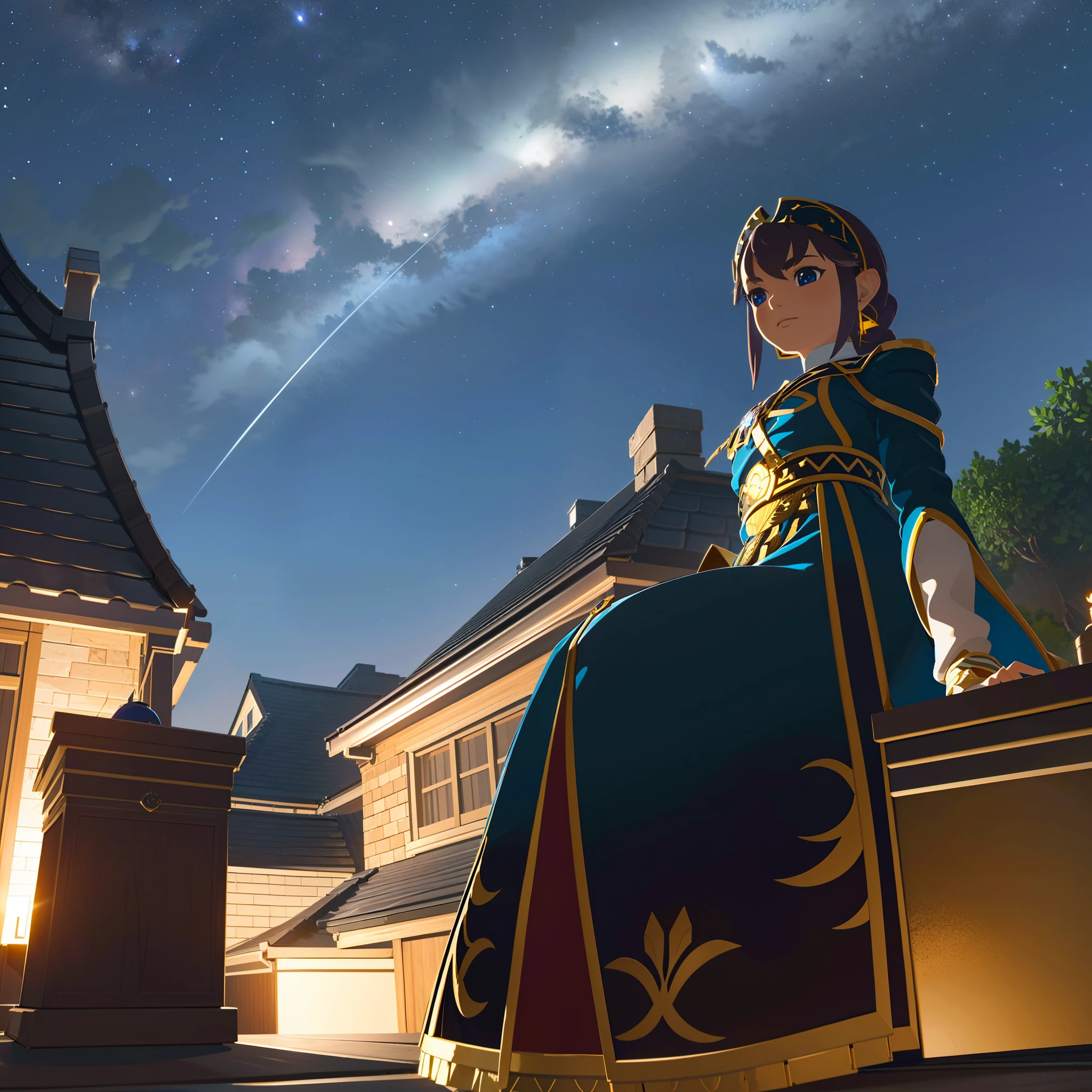 the night，A girl sits on the roof of a house and looks up at the sky，A sky full of stars，A shining meteor streaked across the sky， in a panoramic view， scenecy， horizon， the roof， sitting on rooftop， ventania，8k，