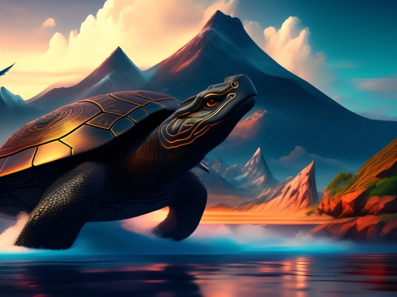 tmasterpiece，CG animation in 8K resolution，absurd res，Inspired by the Classic of Mountains and Seas，Chinese mythology and stories，mythological creatures，Black turtle，Bird's head，Snake's tail