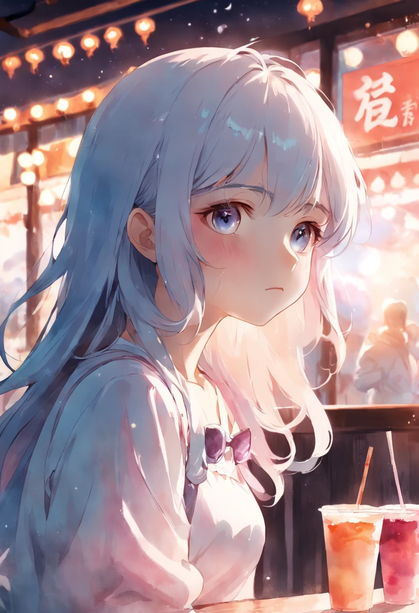 top-quality、masterpiece、Soft Focus , Bright gradient watercolor , Dreamy , White background、girl、cafes