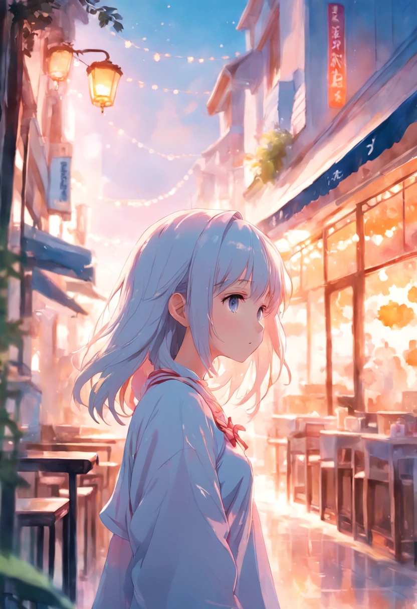 top-quality、masterpiece、Soft Focus , Bright gradient watercolor , Dreamy , White background、girl、cafes