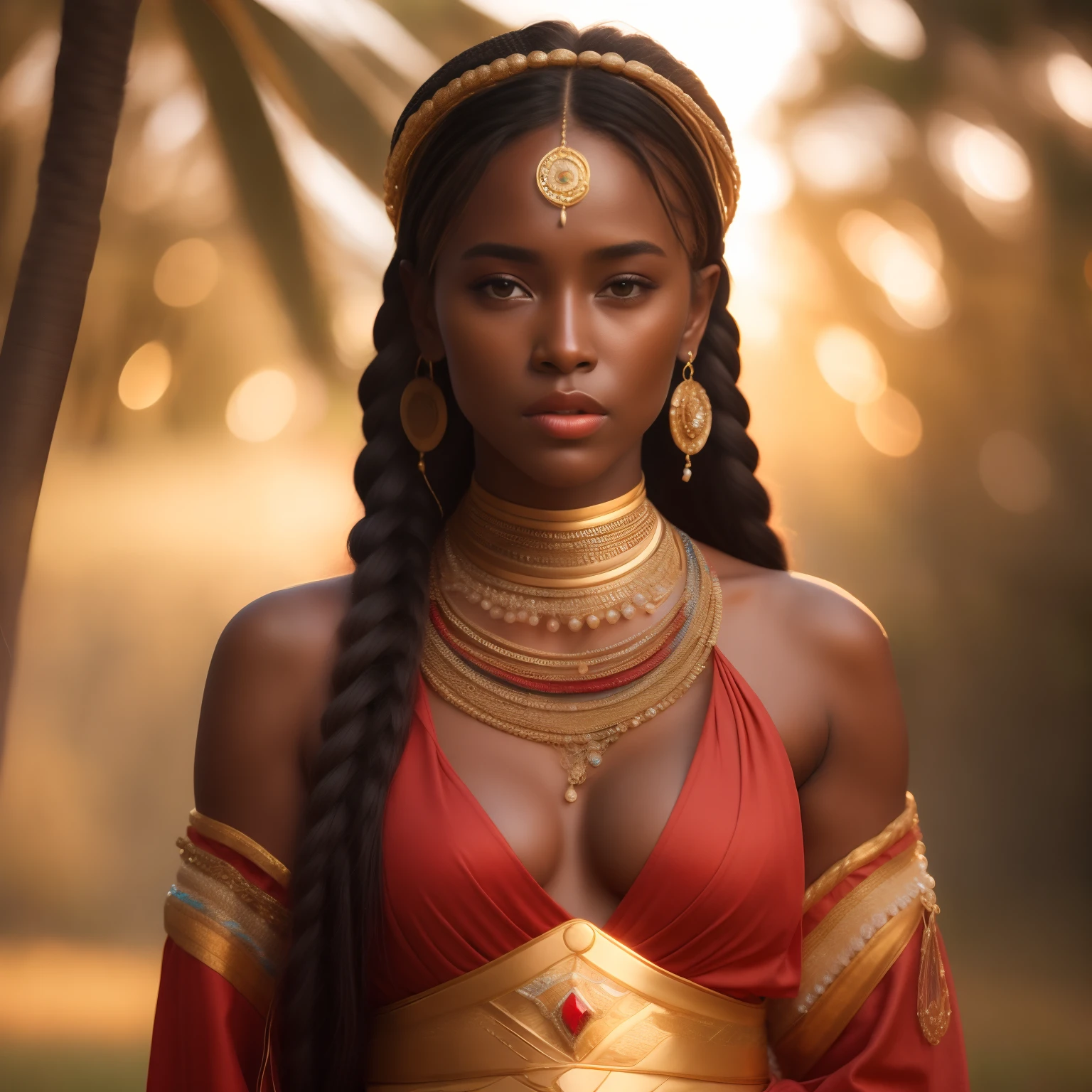 (Photorealistic:1.2), (8K Resolution), (Best Quality), (Masterpiece), upper body portrait shot from a slight high angle of a gorgeous young tribal queen with dark skin, long braided black hair, wearing an intricate beaded headdress, gold necklaces and armbands, a red and gold embroidered robe, standing proudly outdoors holding a peregrine falcon perched calmly on her left hand wrapped in a thick leather glove, jumping and kicking her right leg high in the air, natural golden hour lighting, sun rays streaming through the trees, softly diffused light on her face, highly detailed intricate clothing, jewelry and falcon, ornate background