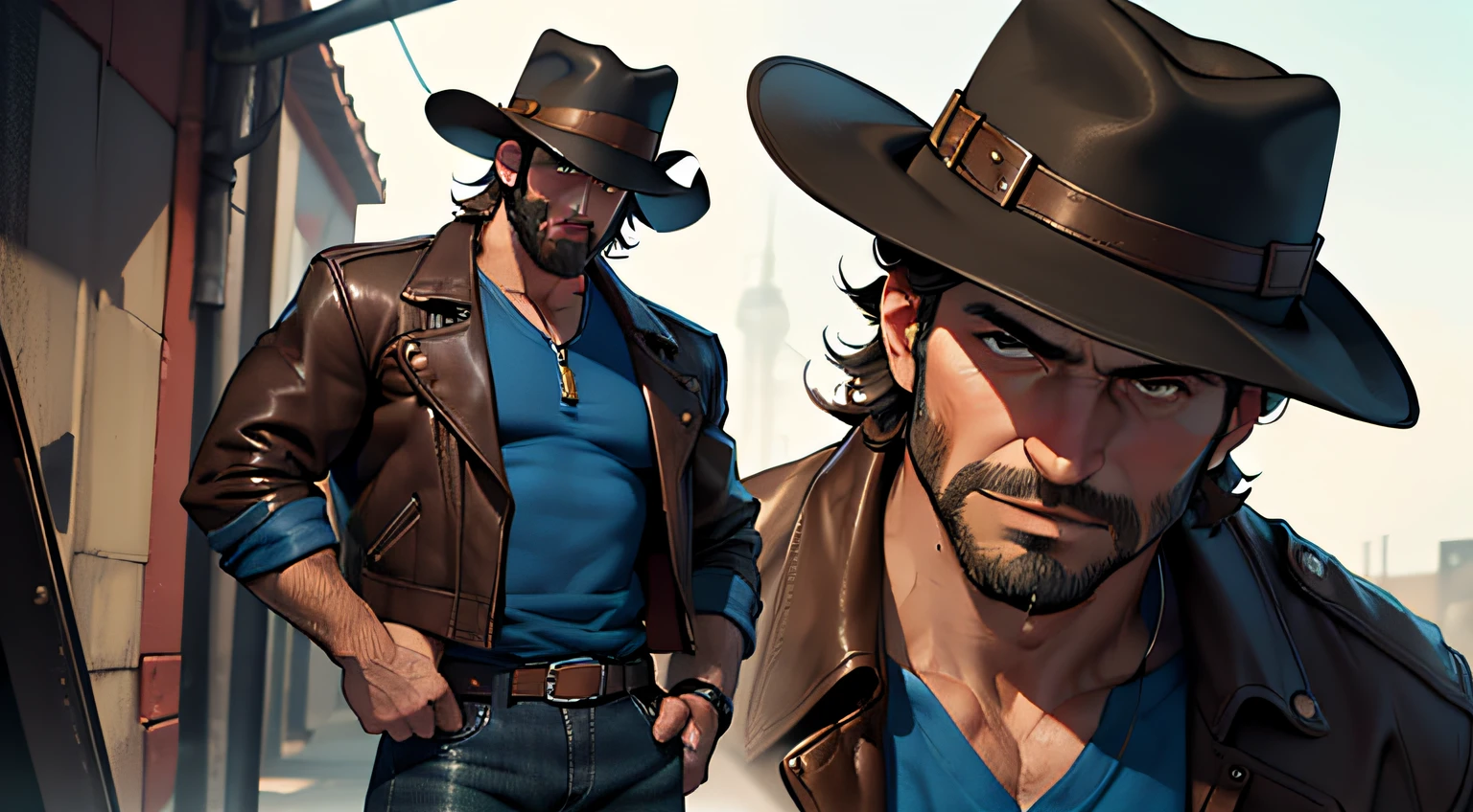 (4K, Best picture quality, A high resolution:1.1), (Masterpiece:1.1)Muscular man，blue-shirt, Brown leather jacket, long black jeans, Cowboy boots, revolver, Cowboy hat, Dark brown hair, short detailed hair, Brown eyes, A middle-aged man，big beard，The expression is serious，Clear close-up of facial expressions