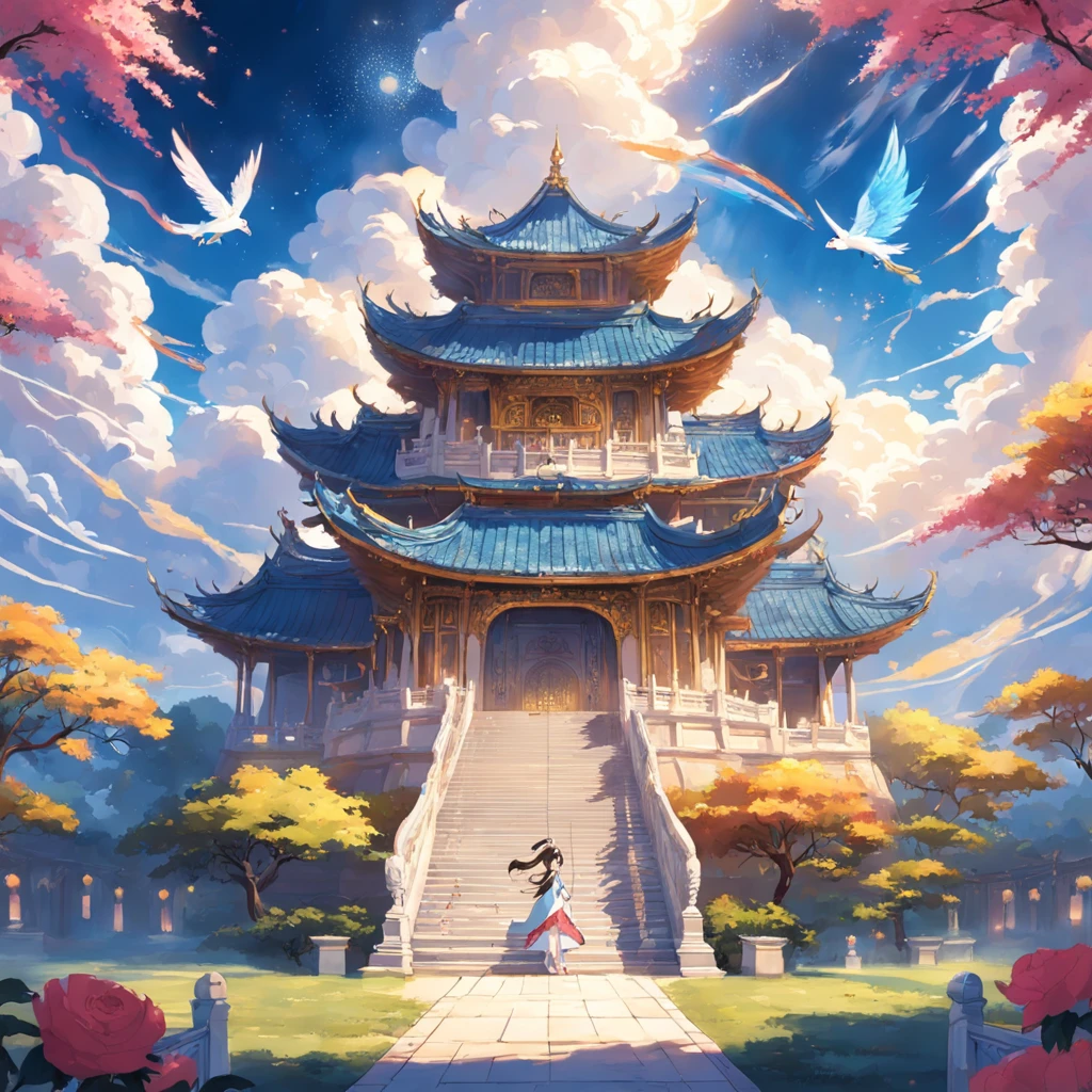 "Surrounded by auspicious clouds blessed by the Heavenly Palace,Beautiful magnificent palace,Brilliant sunshine,Flashing mysterious blessings,The streamers flutter high,Dance in the blue sky and white clouds,A happy smile,Joyful and peaceful atmosphere,beautiful fairie,Wings bloom,Guarding this sacred heavenly palace。"