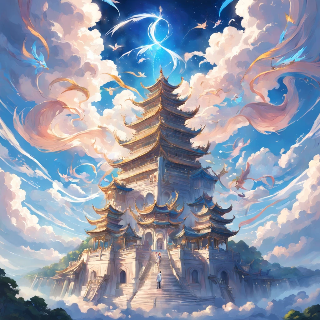 "Surrounded by auspicious clouds blessed by the Heavenly Palace,Beautiful magnificent palace,Brilliant sunshine,Flashing mysterious blessings,The streamers flutter high,Dance in the blue sky and white clouds,A happy smile,Joyful and peaceful atmosphere,beautiful fairie,Wings bloom,Guarding this sacred heavenly palace。"