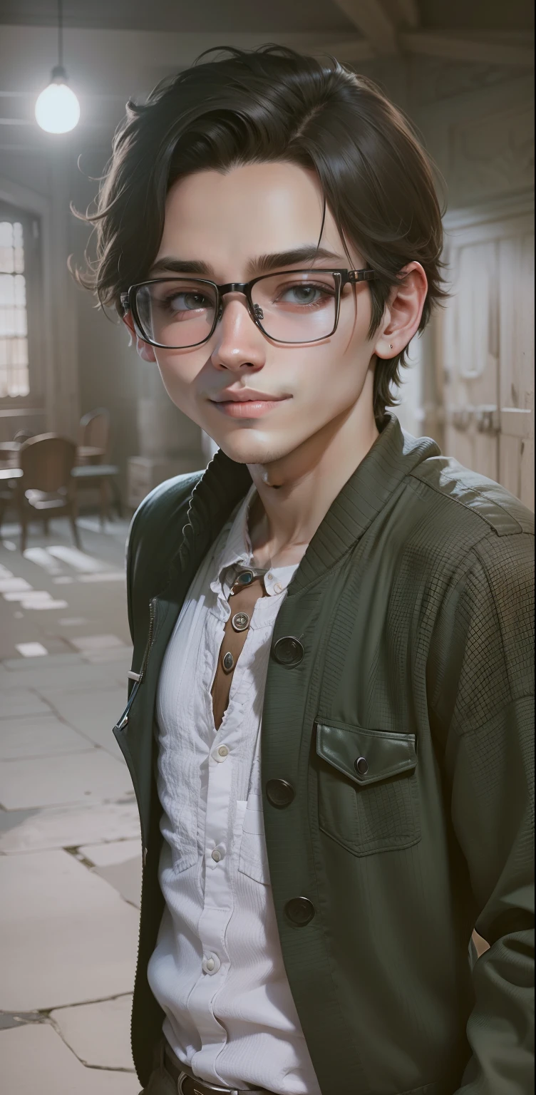 Make happy and handsome looking boy avatar with glasses this photo