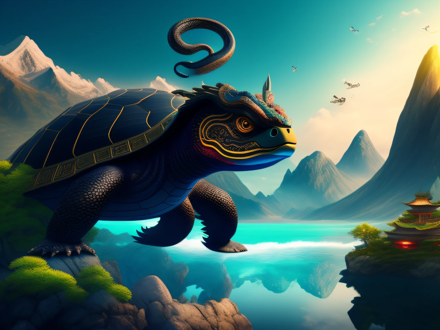 tmasterpiece,CG animation in 8K resolution,absurd res,Inspired by the Classic of Mountains and Seas,Chinese mythology and stories,mythological creatures,Black turtle,Bird's head,Snake's tail
