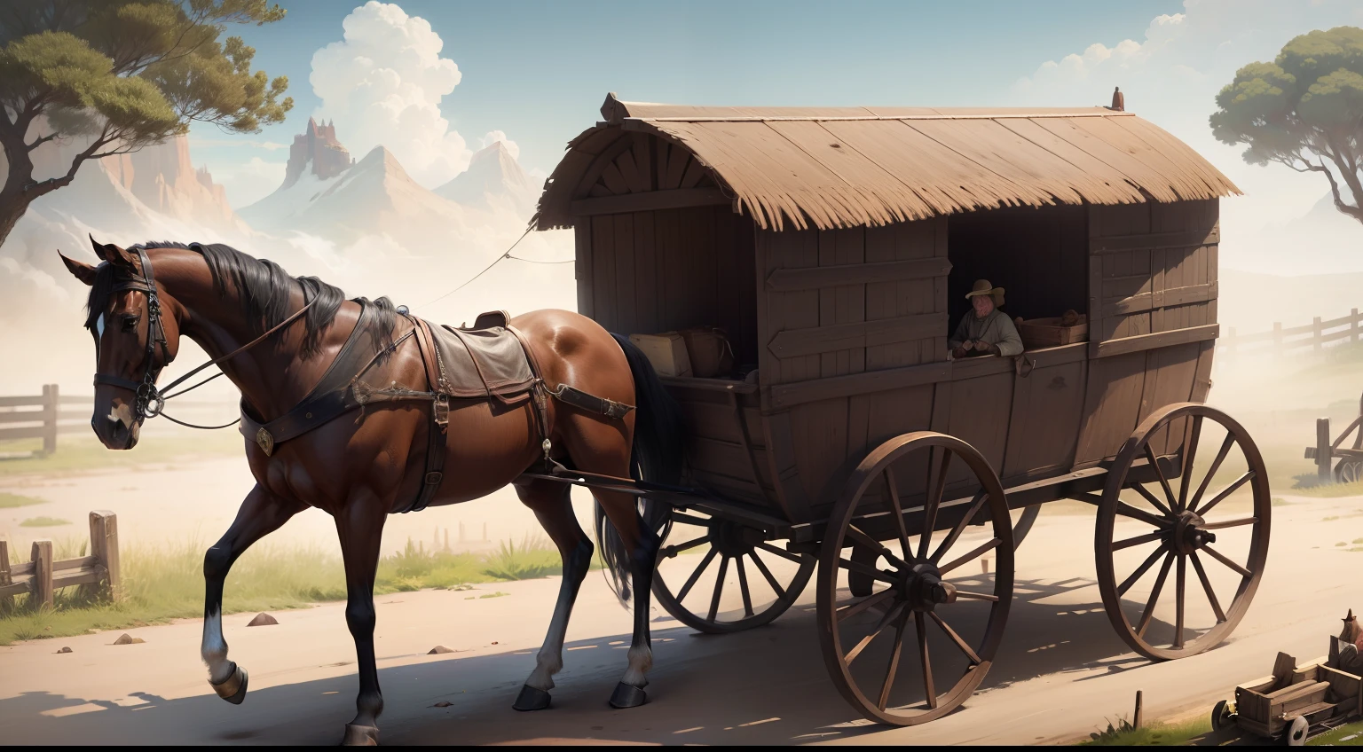A wagon from the Middle Ages, with 2 axles and 2 horses at the front, 4 rodas de madeira com raios, puxada por 2 cavalos em capo aberto, Cart Stopped.