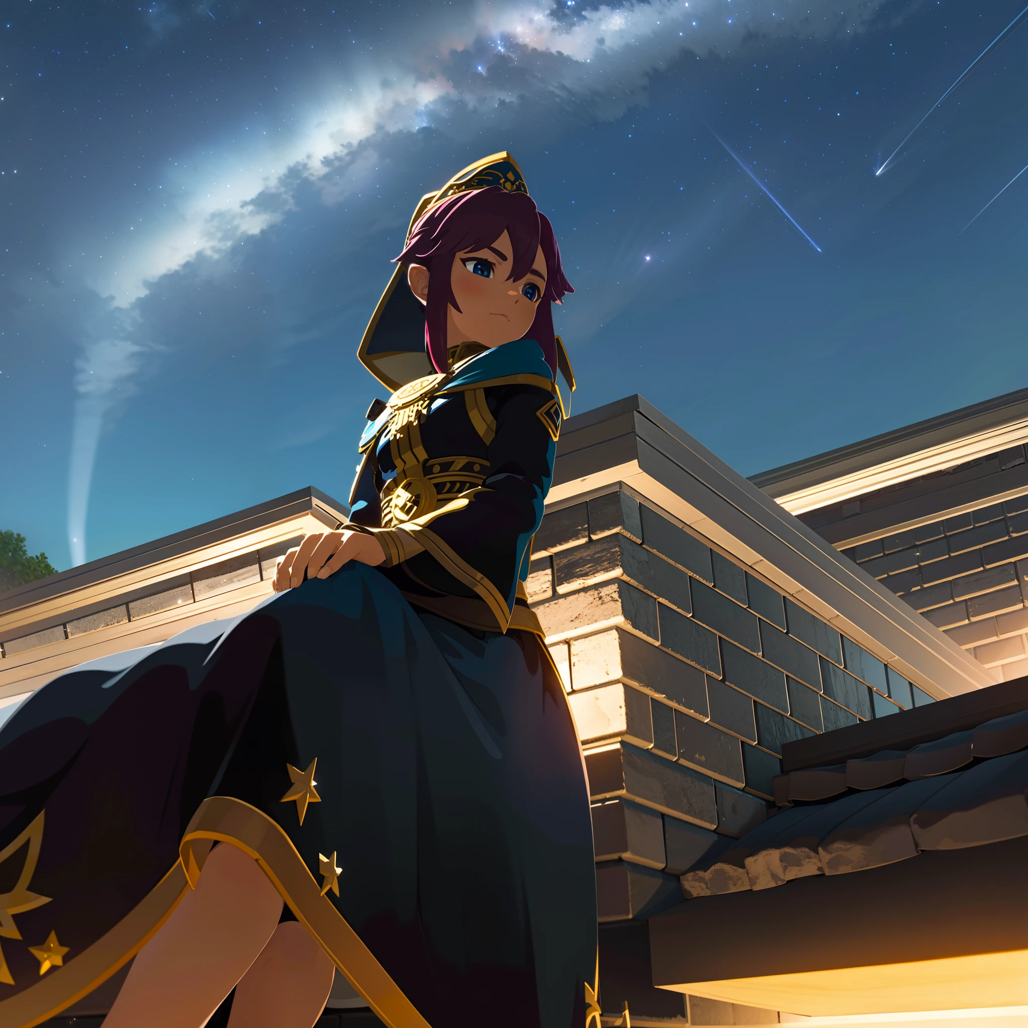 the night，A girl sits on the roof of a house and looks up at the sky，A sky full of stars，A shining meteor streaked across the sky， in a panoramic view， scenecy， horizon， the roof， sitting on rooftop， ventania，8k，