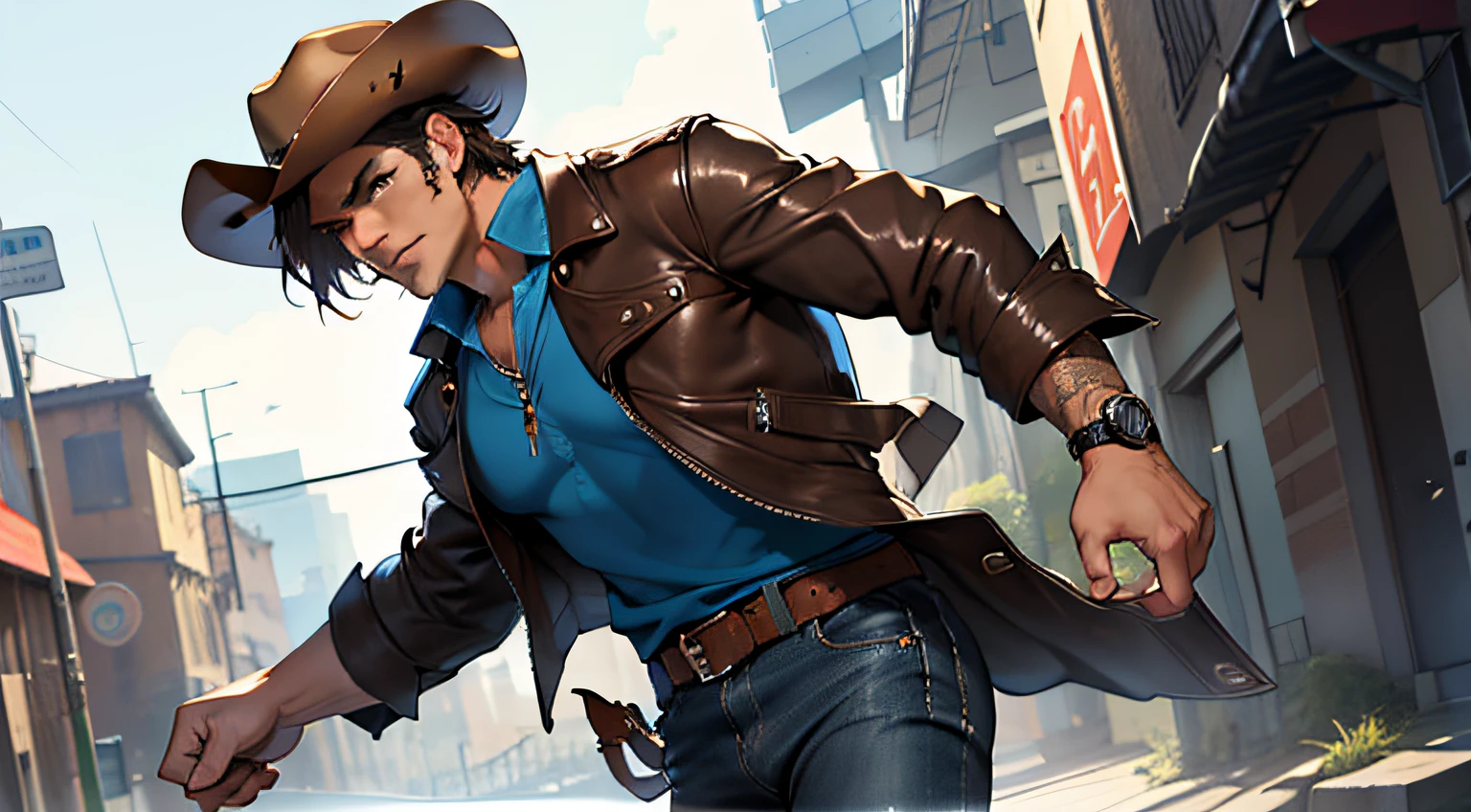 (4K, Best picture quality, A high resolution:1.1), (Masterpiece:1.1)Muscular man，blue-shirt, Brown leather jacket, long black jeans, Cowboy boots, revolver, Cowboy hat, Dark brown hair, Short hair, Brown eyes, A youth，Gesturing happily，Clear facial expression details