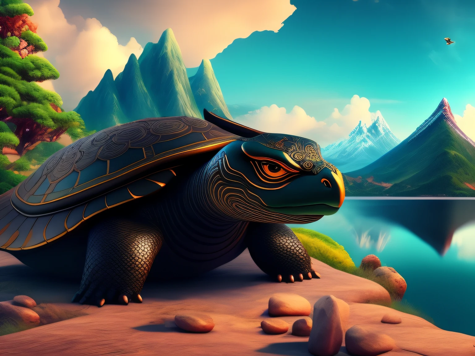 tmasterpiece,CG animation in 8K resolution,absurd res,Inspired by the Classic of Mountains and Seas,Chinese mythology and stories,mythological creatures,Black turtle,Bird's head,Snake's tail