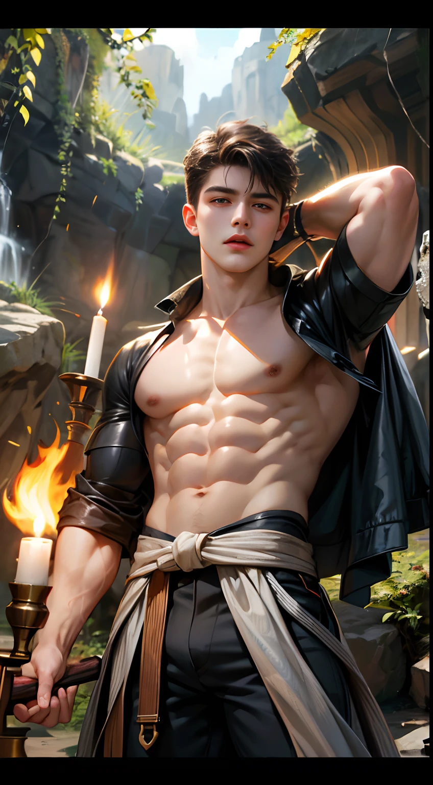 (absurderes, A high resolution, Ultra detailed, hdr), Masterpiece, Best quality, Portrait of a boy, Handsome boy with red eyes, Detailed face, Professional photo, The Alafed man is shirtless, legs are open,Lie comfortably， (puffynipple(From below:1.1)), Focus on your audience,18 year old boy, Handsome boy, [ Firmly defined body ]，Abs，chest muscle，large bulge，Rock caves，torches，Wrap a rope around the upper body，