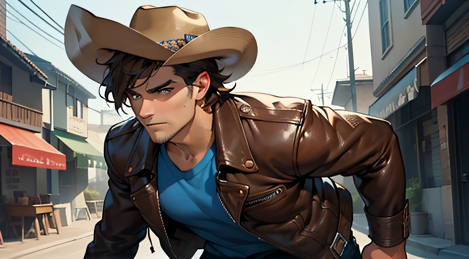 (4K, Best picture quality, A high resolution:1.1), (Masterpiece:1.1)Muscular man，blue-shirt, Brown leather jacket, long black jeans, Cowboy boots, revolver, Cowboy hat, Dark brown hair, Short hair, Brown eyes, A youth，Gesturing happily，Clear facial expression details