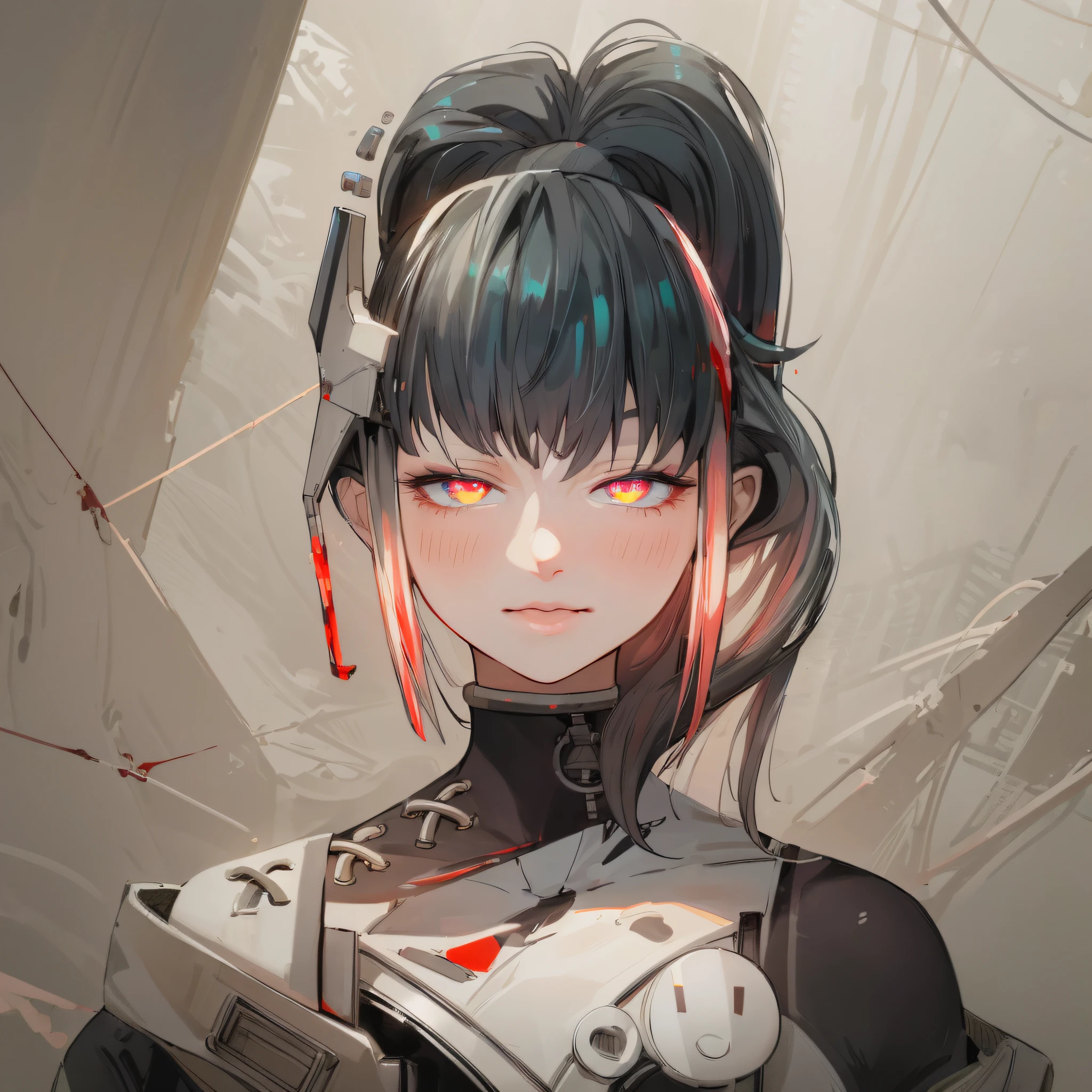(masterpiece,best quality:1.4),1mechanical girl,((ultra realistic details)),super fine illustration,shiny skin,detailed skin,detailed face,detailed eyes, an extremely cute and beautiful girl,cowboy shot,beautiful face,ultra-high-resolution illustrations, cowboy shot, wide shot,global illumination, shadows, octane render, 8k, ultra sharp,metal,intricate, ornaments detailed, cold colors, egypician detail, highly intricate details, realistic light, trending on cgsociety, glowing eyes, facing camera, neon details, machanical limbs,blood vessels connected to tubes,mechanical cervial attaching to neck,wires and cables connecting to head,blood,killing machine