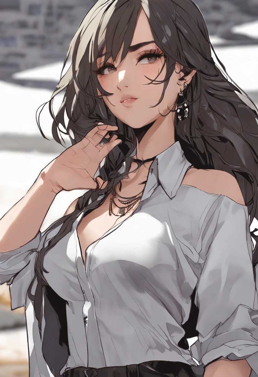 (masutepiece:1.2), Realistic, photo of 18 y.Girl in loose shirt(Unbuttoned shirt), half , Best Quality, (Big breasts:1.4), Bare shoulders, cleavage, NSFW Something?, [[Hands hidden behind the back]], earrings, Complete shirt, Black Choker, Solo, [SFW]、Lower breast、Lower breast
