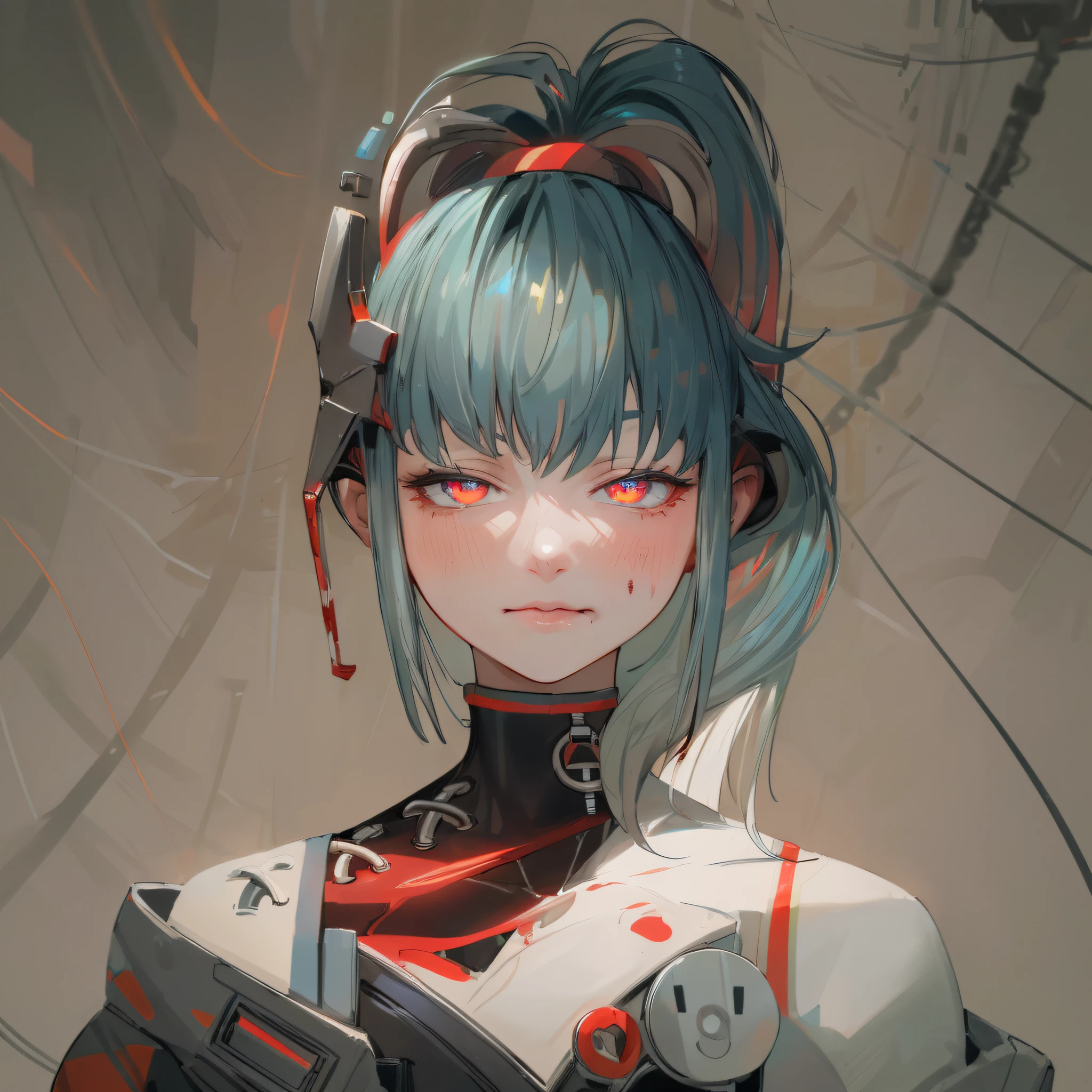 (masterpiece,best quality:1.4),1mechanical girl,((ultra realistic details)),super fine illustration,shiny skin,detailed skin,detailed face,detailed eyes, an extremely cute and beautiful girl,cowboy shot,beautiful face,ultra-high-resolution illustrations, cowboy shot, wide shot,global illumination, shadows, octane render, 8k, ultra sharp,metal,intricate, ornaments detailed, cold colors, egypician detail, highly intricate details, realistic light, trending on cgsociety, glowing eyes, facing camera, neon details, machanical limbs,blood vessels connected to tubes,mechanical cervial attaching to neck,wires and cables connecting to head,blood,killing machine