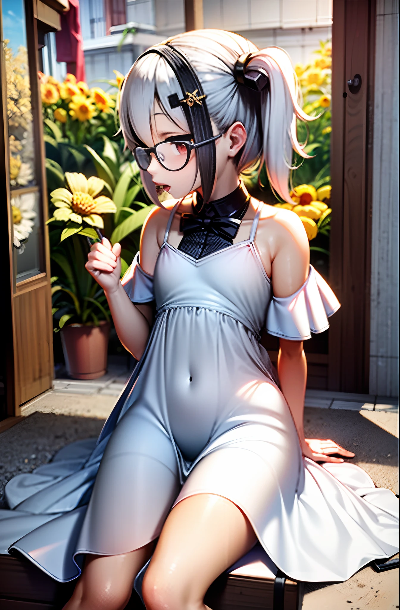 HighestQuali，tmasterpiece，1Blittle girl，Petite and cute，daffodil，White color hair，black-frame glasses